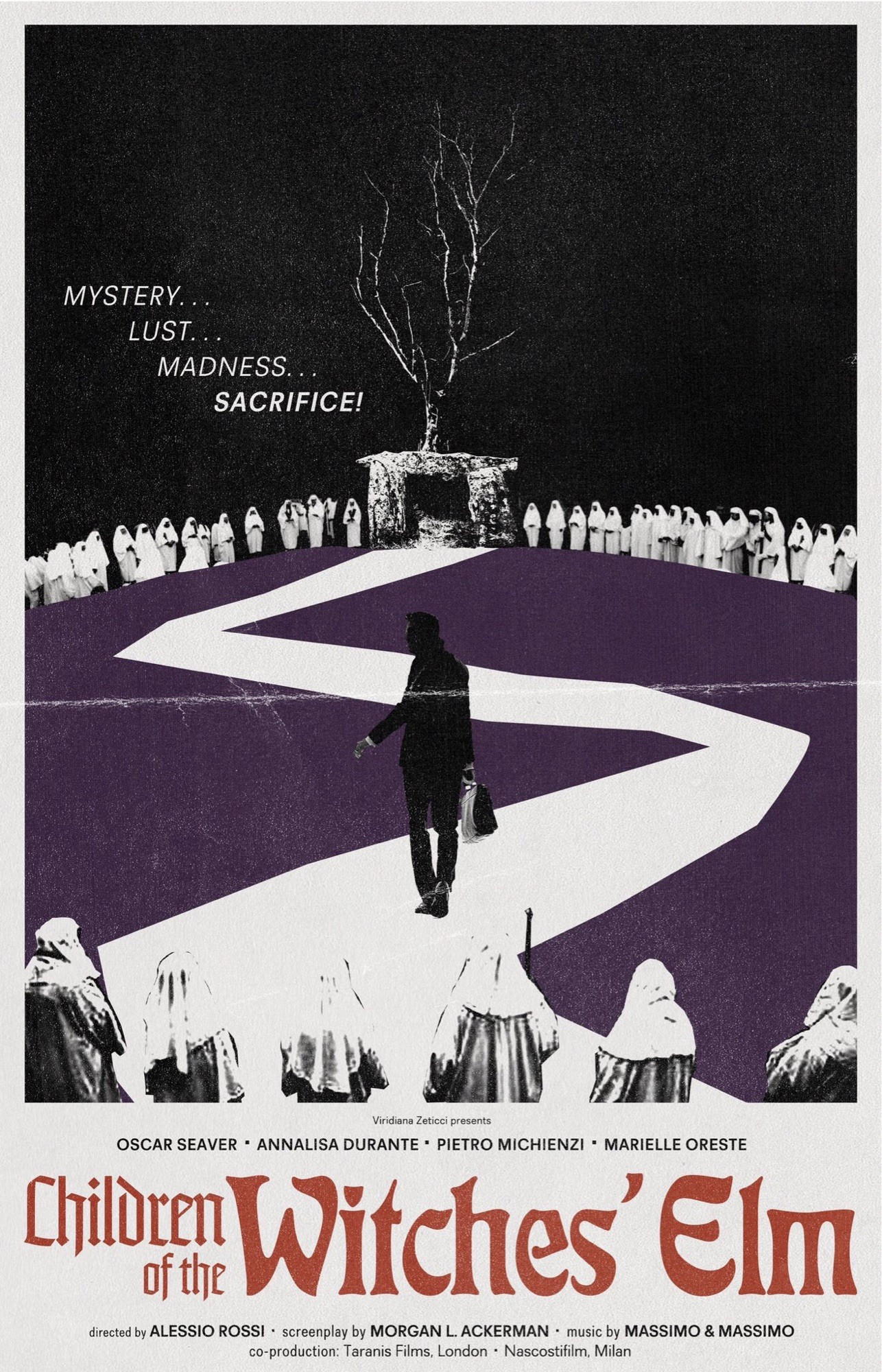 A 70’s-style poster for a film called “Children of the Witches’ Elm”. A lone man walks up a stylized, winding road toward mysterious stoneworks at the base of a dead tree. Mysterious robed figures surround the scene at a distance.