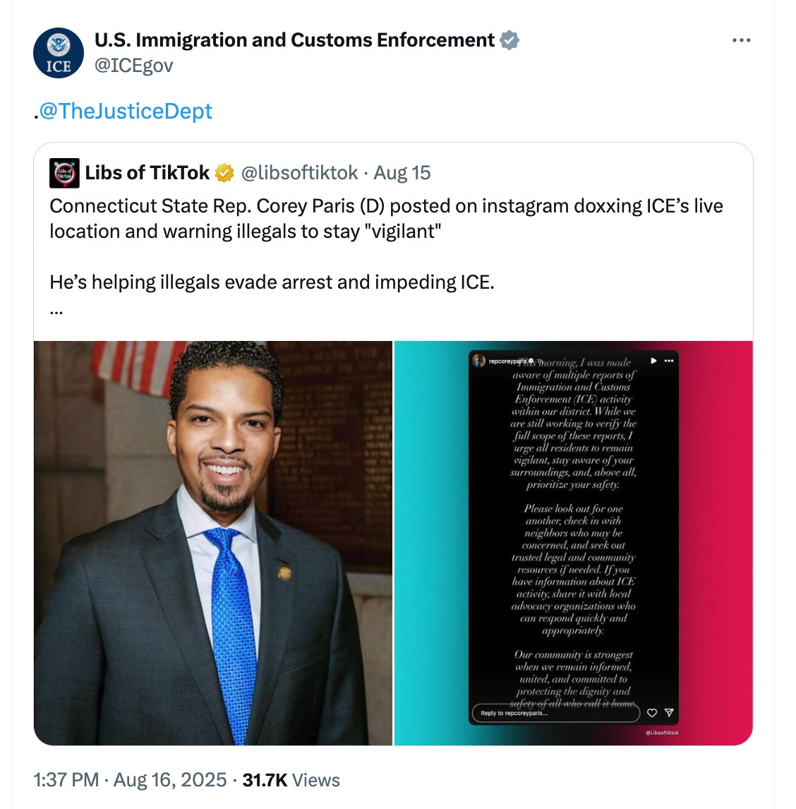 screenshot of ICE reposting a Libs of Tik Tok post and tagging Justice Dept