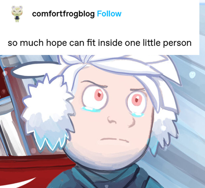 Art from the webcomic Phantomarine featuring Pavel with a crying determined expression. Text post from Tumblr user comfortfrogblog reads "so much hope can fit inside one little person"