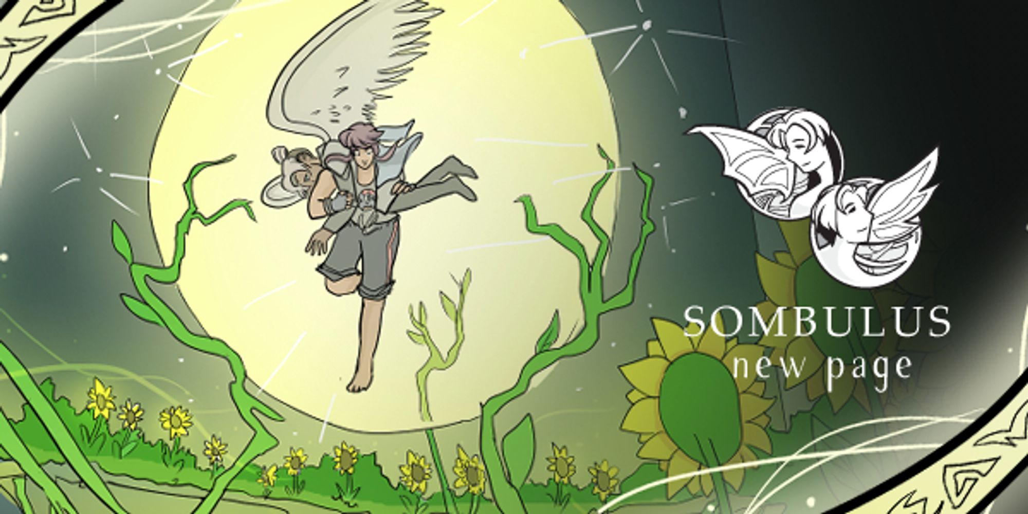 Preview of Sombulus featuring Sydney jumping into a field of sunflowers. She carries Brenna on her shoulders and is surrounded by a yellow globe of energy and vines. The border features glowing magic rune strands and reads "Sombulus - New Page"