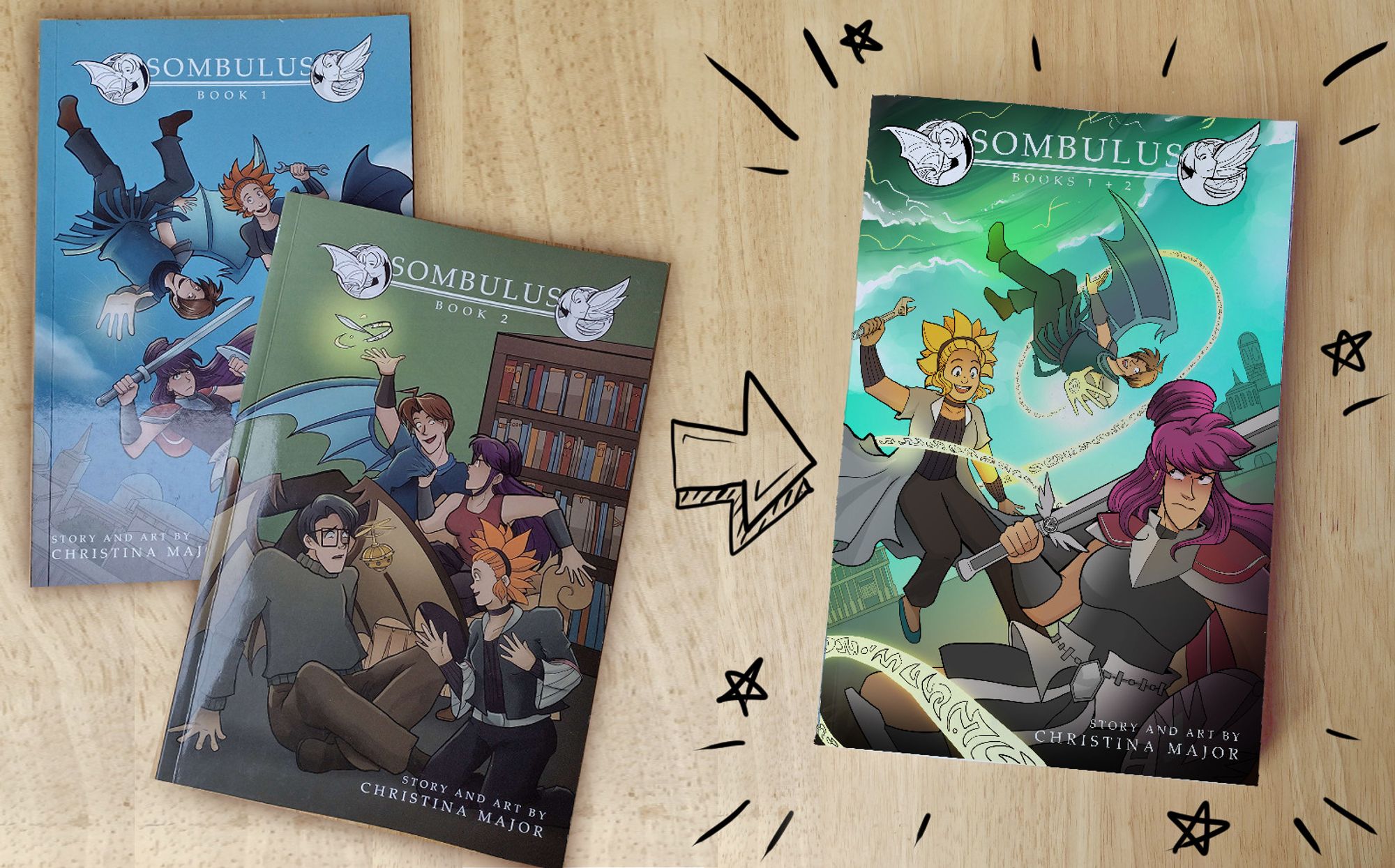 Sombulus Books 1 and 2 with an arrow pointing to the new Sombulus Books 1+2 omnibus edition