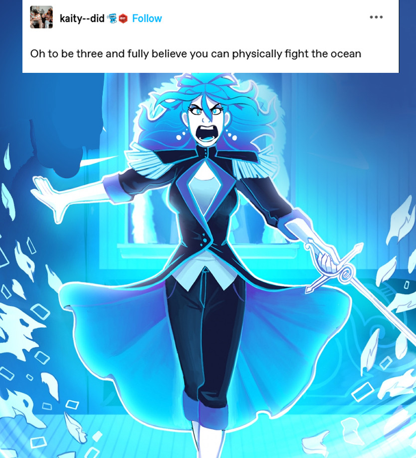 Art from the webcomic Phantomarine featuring Phaedra standing with a sword and yelling with an intimidating expression. Text post from Tumblr user kaity--did reads "Oh to be three and fully believe you can physically fight the ocean"