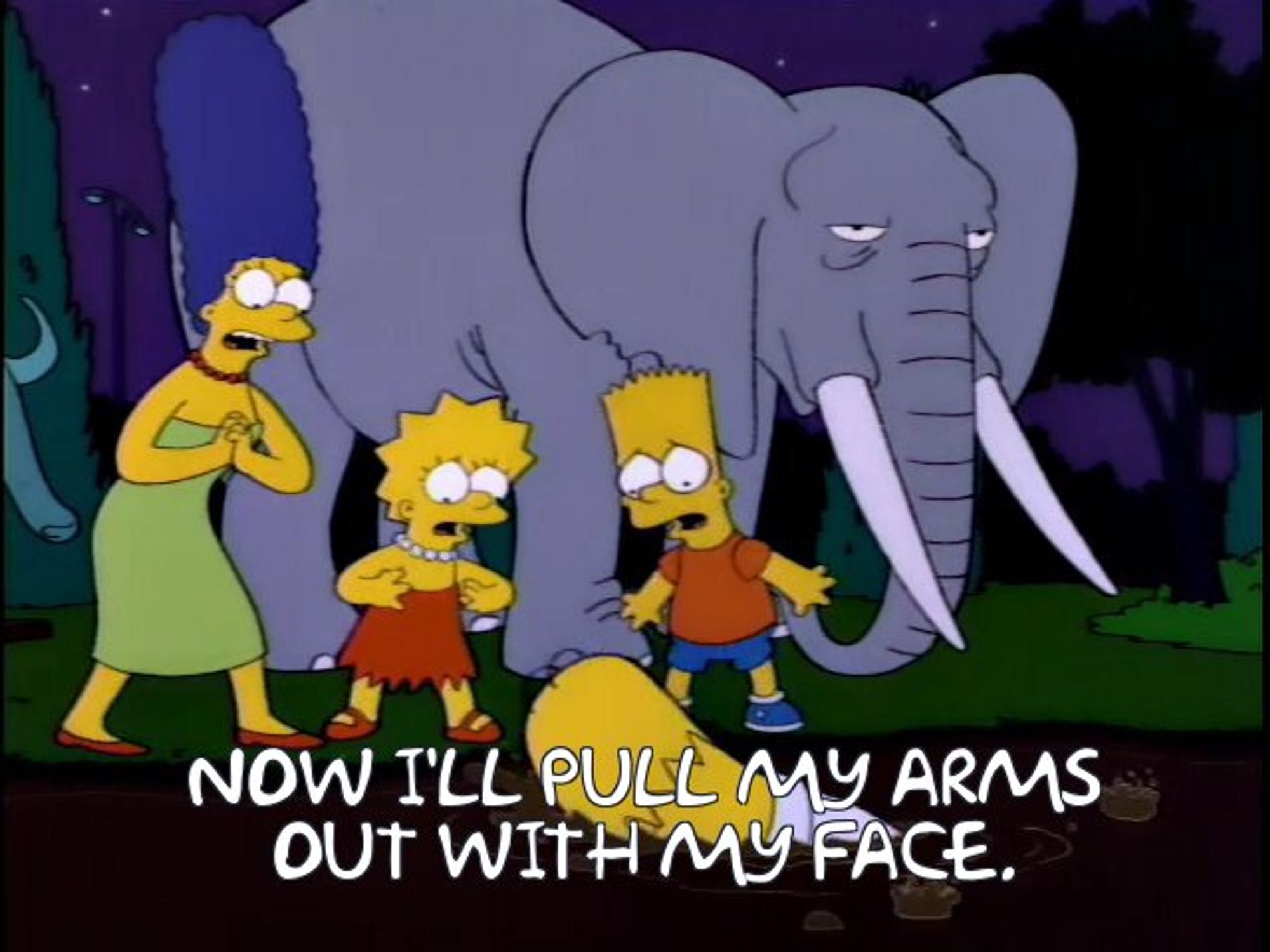 Screengrab from The Simpsons episode "Bart Gets an Elephant" of Homer Simpson stuck in a tar pit, saying, "Now I'll pull my arms out with my face."