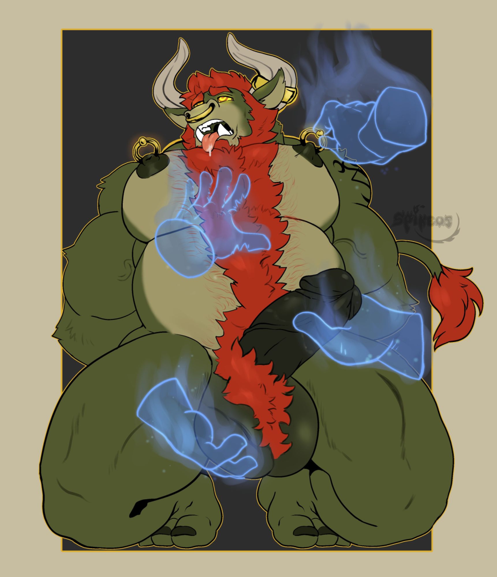 Carris, a green-and-orange haired minotaur, kneels with golden spirals in his eyes and his tongue lolling out of his mouth. Ghost hands tug on his pierced nipples, brush through his ample chest fuzz, cradle his nuts, and grasp his cock. 