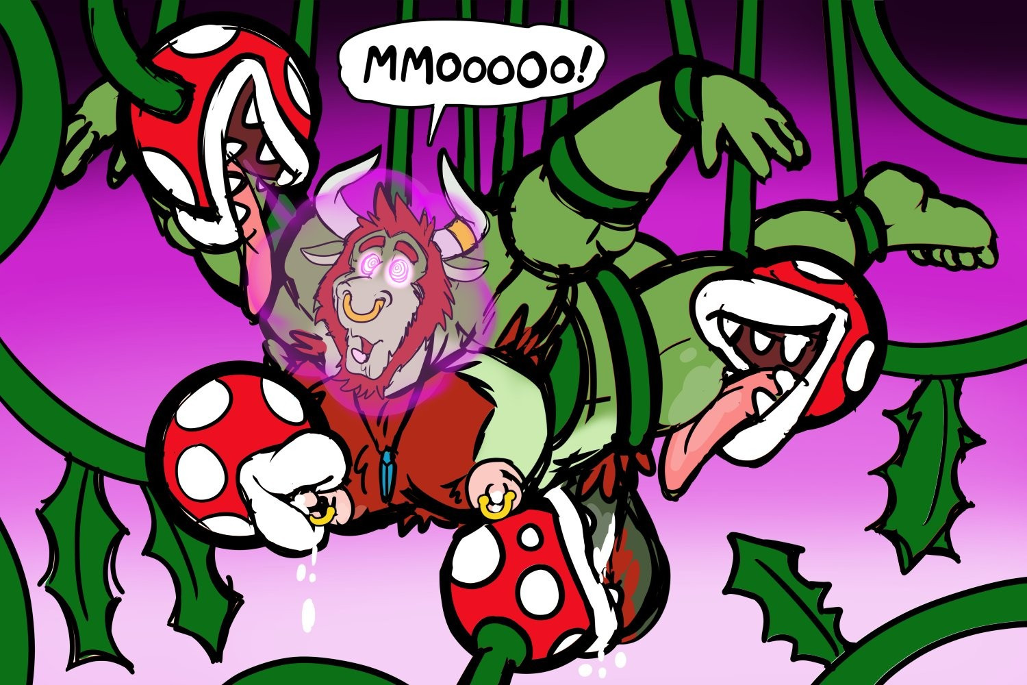 Carris, a green and red haired minotaur, is hypnotized and suspended by vines of piranha plants (you know, from mario), which are sucking on his cock and tits while he moos obediently.