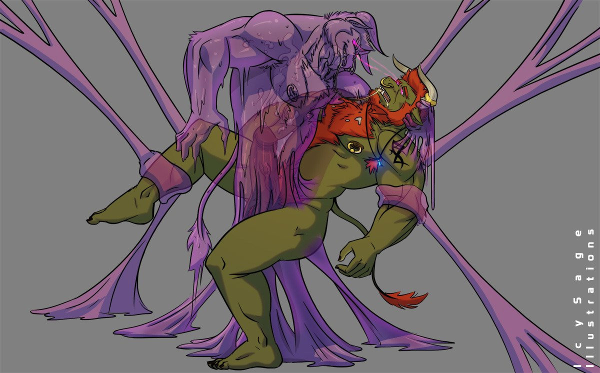 Carris, a green and orange haired minotaur, is magically held in place by a gooey sticky clone of himself that keeps its eyes locked with him, hypnotizing him as it milks his cock.