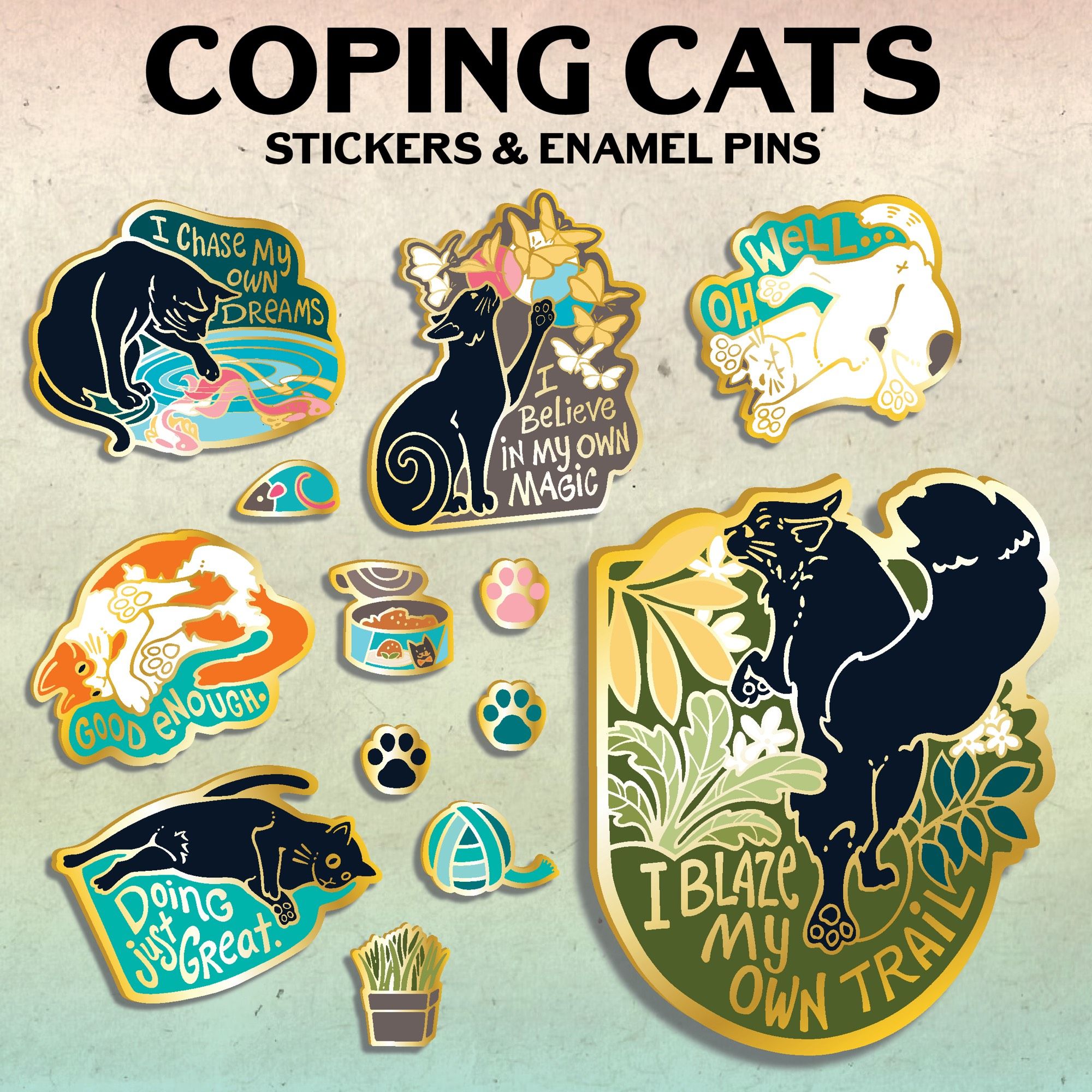 A graphic displaying a collection of enamel pins featuring cats and cat accessories. Text at the top reads “Coping Cats, Stickers and enamel pins”.