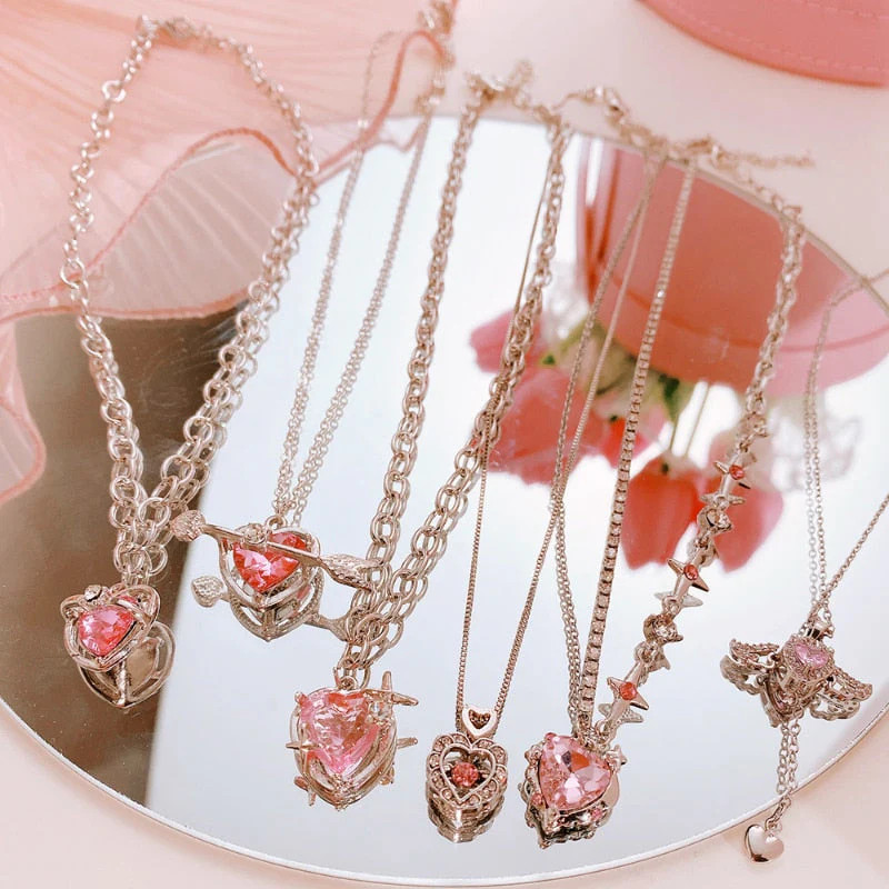 6 different pink heart glittering and shining princess necklaces