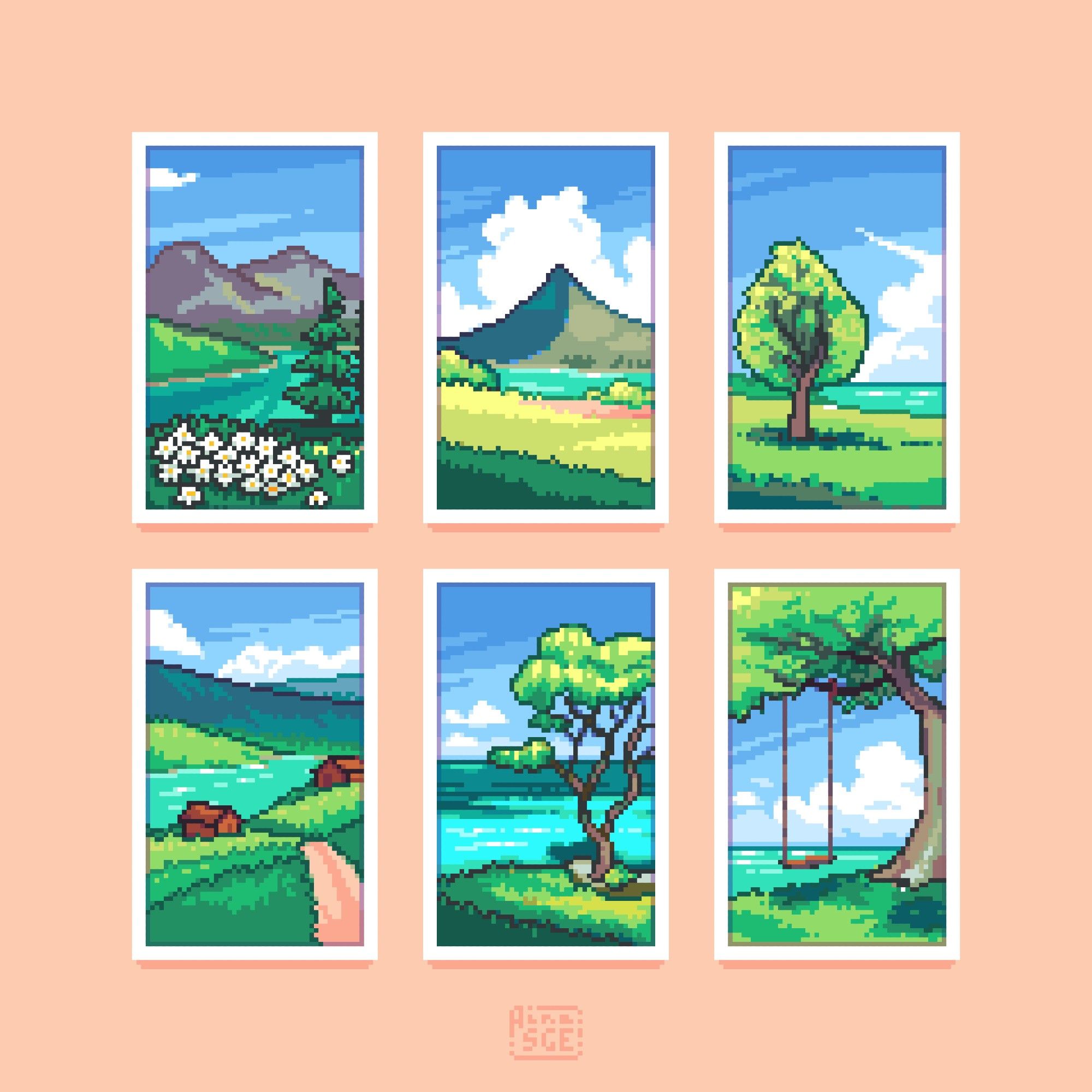 Set of 6 Pixelart landscapes
1. flower field and a tree in front of a river and 2 mountains
2. a field in front of a river and a mountain with big cloud behind
3. A tree in front of the sea
4. a trail that leads to 2 houses in front of a river
5. tree in front of a turquoise sea
6. tree with a swing in front of the sea.