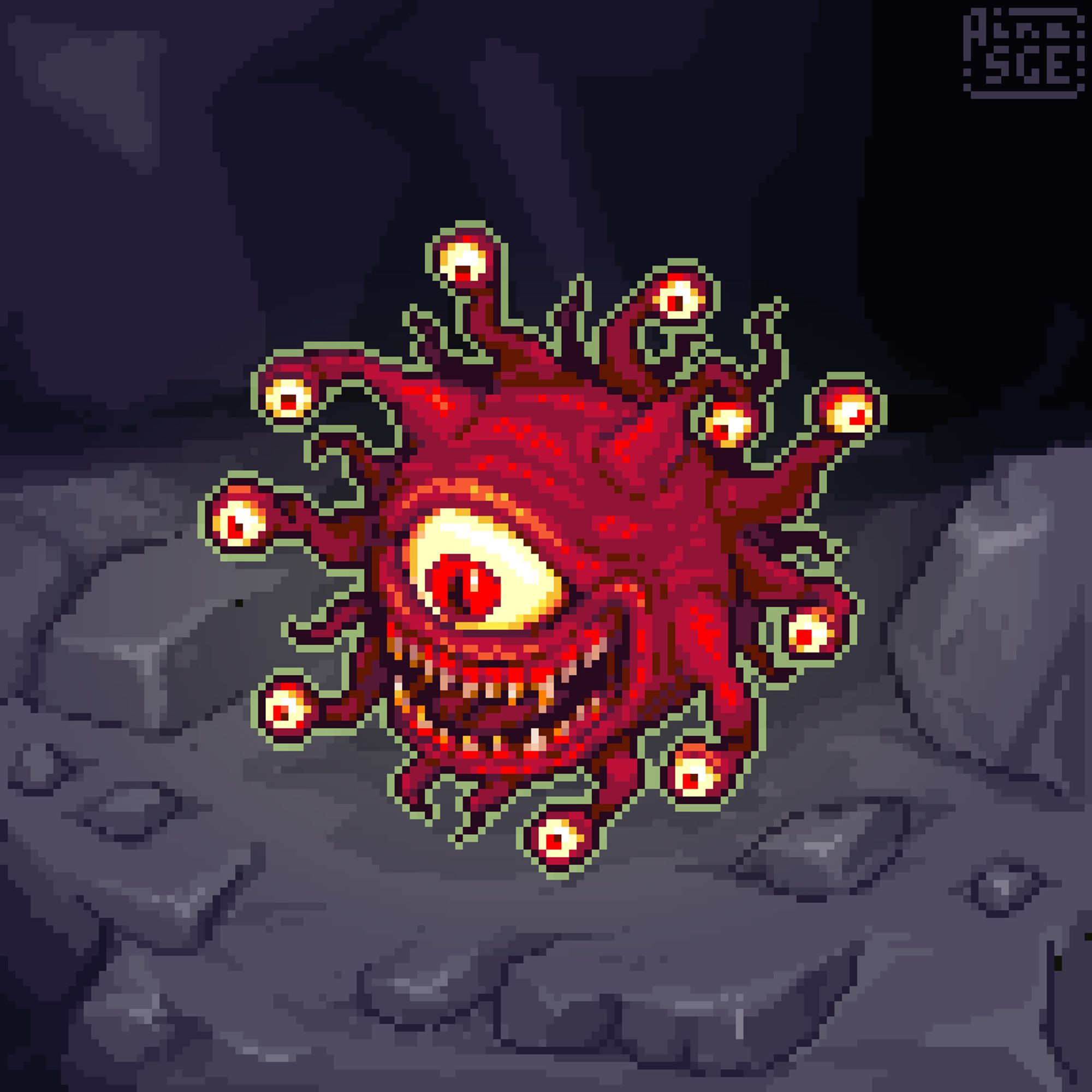 Pixelart illustration.
Red beholder in a cave. Round creature with 10 tentacles that ends in eyes, with big open mouth showing sharp teeth and one red eye above it