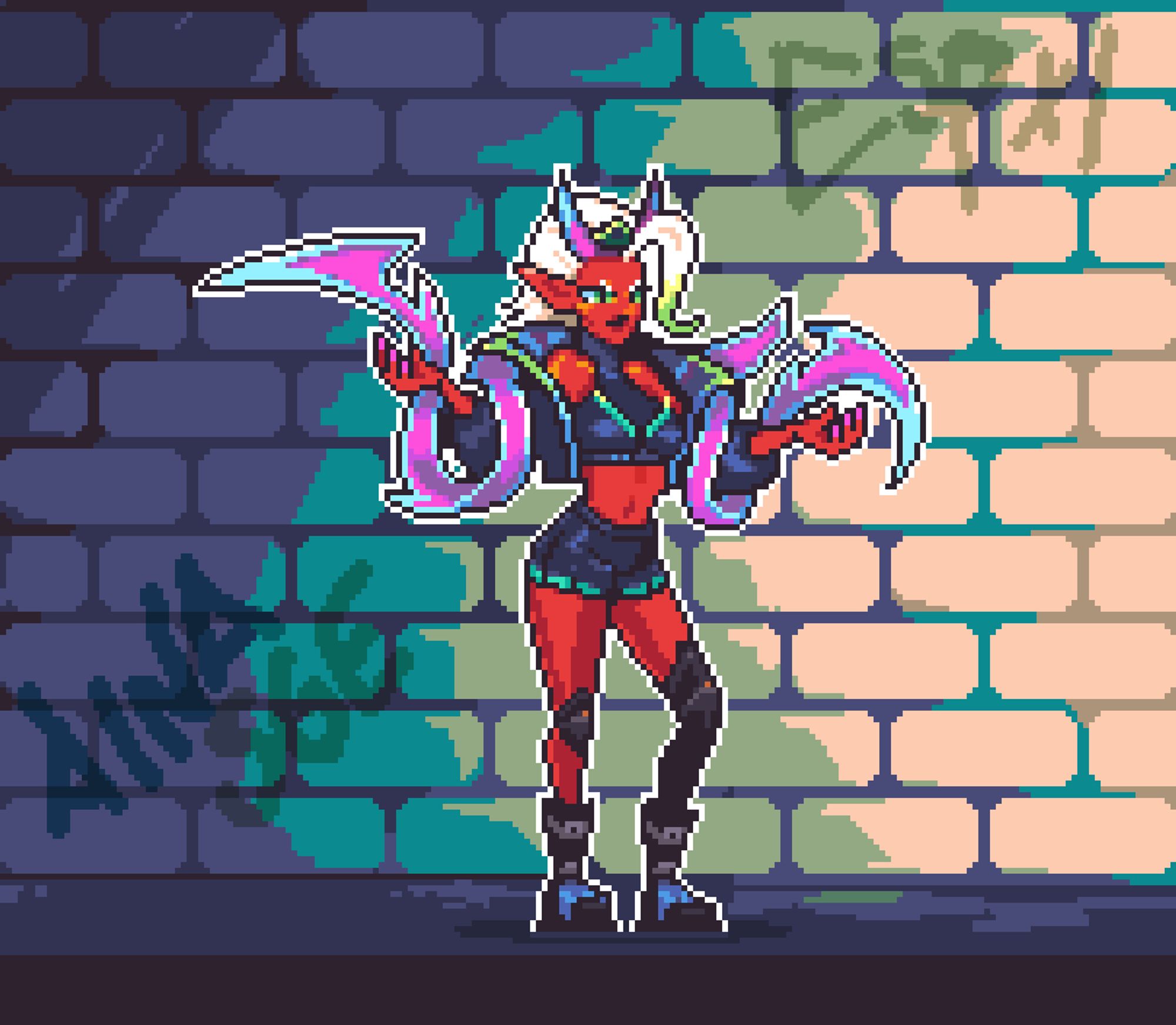 Pixelart Illustration.
Demon girl surrounded by a Pink and blue lace.
Tiled background with graffitis that reads "Ainasge" and "Espxl"