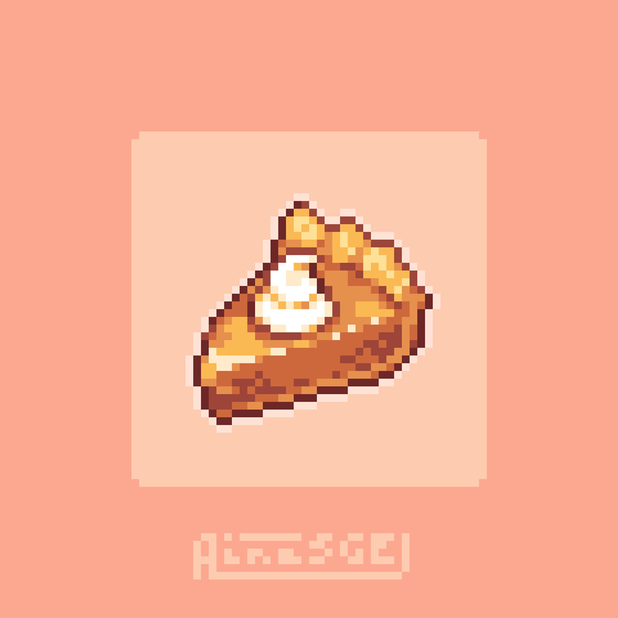 Pixelart illustration.
Piece of pumpkin pie with cream cheese on top.
Minimal bakcground 
Text says Ainasge