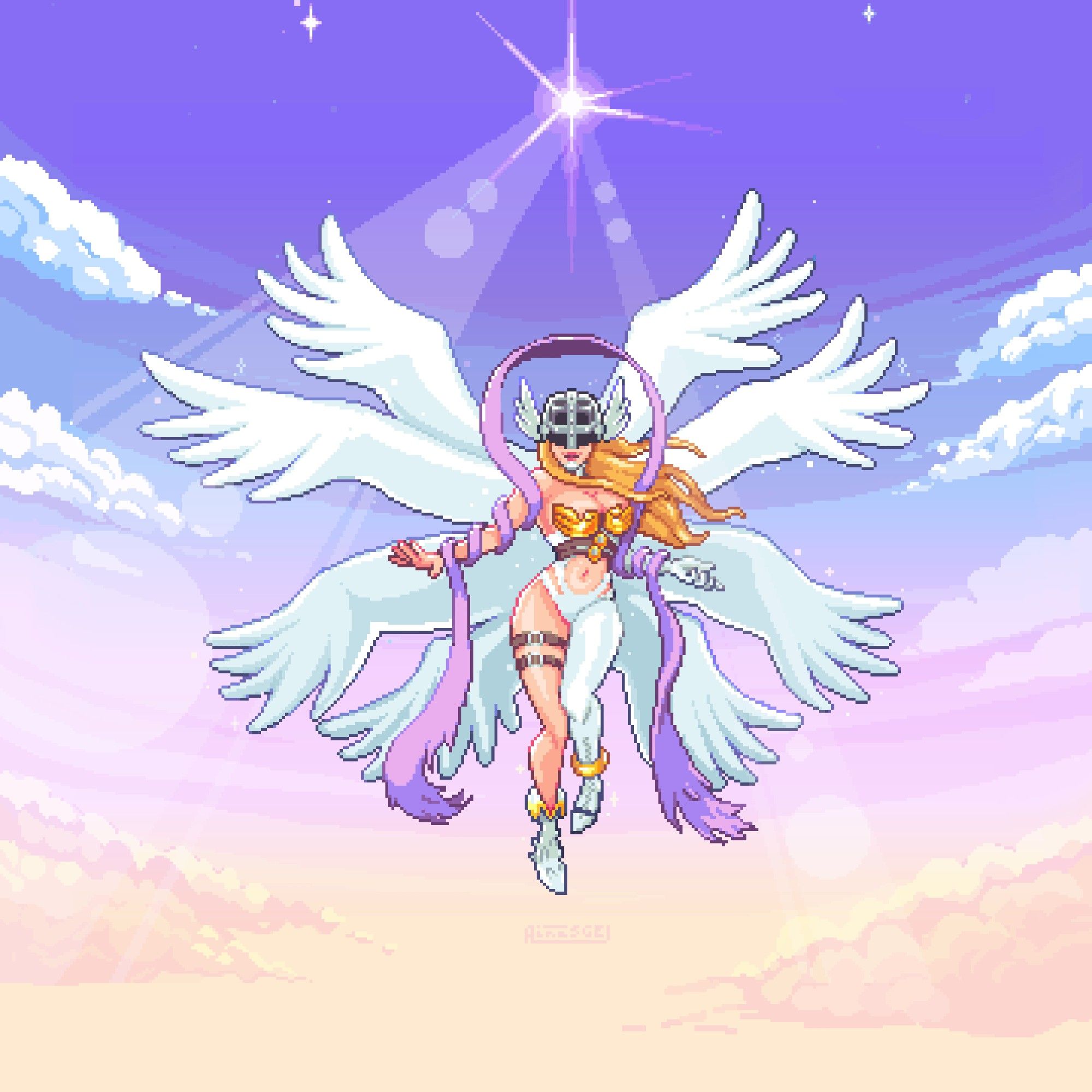 Pixelart illustration
Angewomon from digimon with spread wings flying in a orangy-purply sky. There is a light above her.