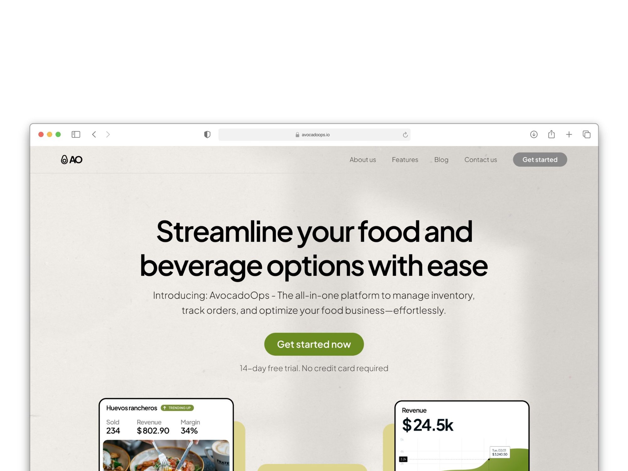 mockup of a F&B saas landing page