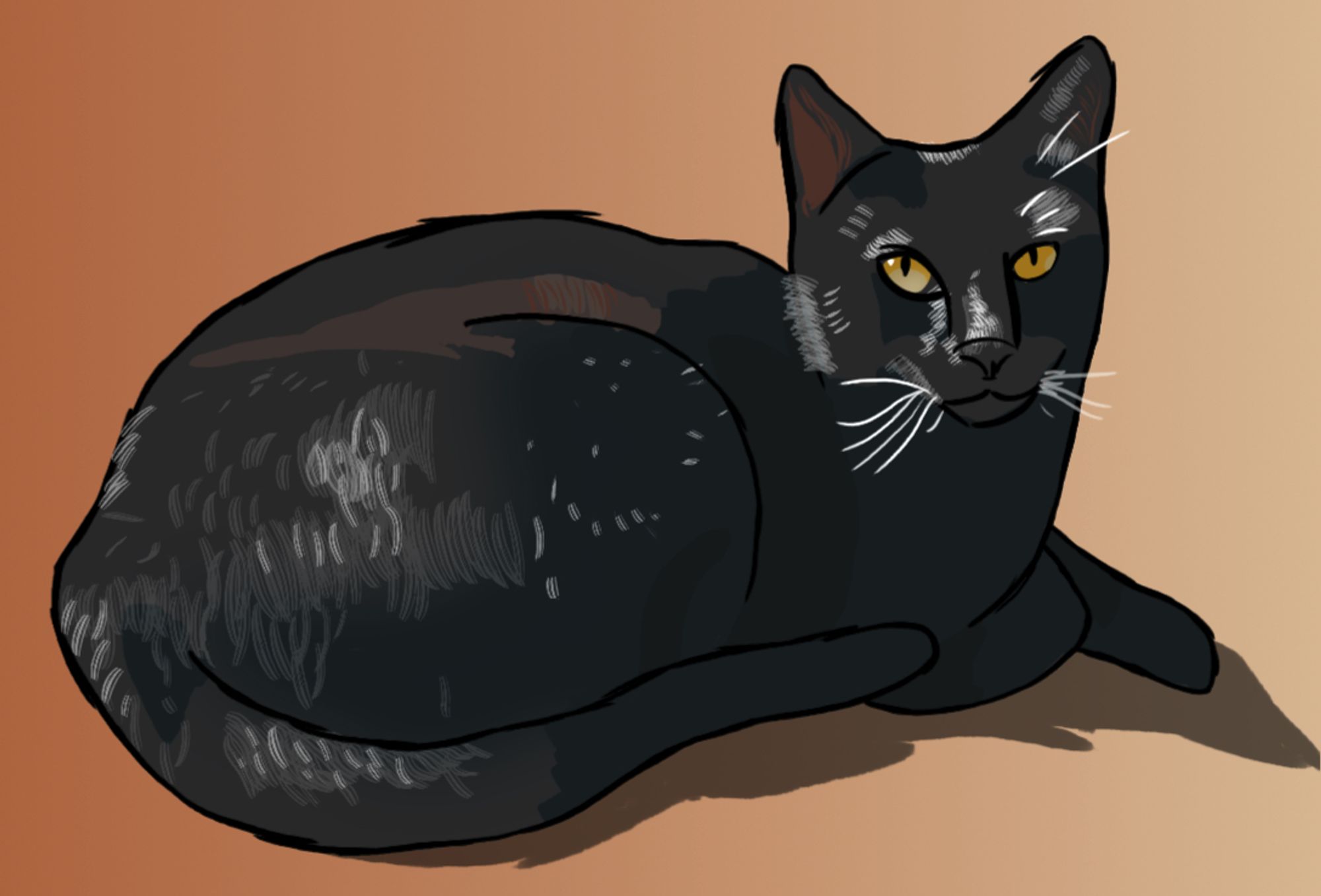 A Poorly drawn black cat, lying down.