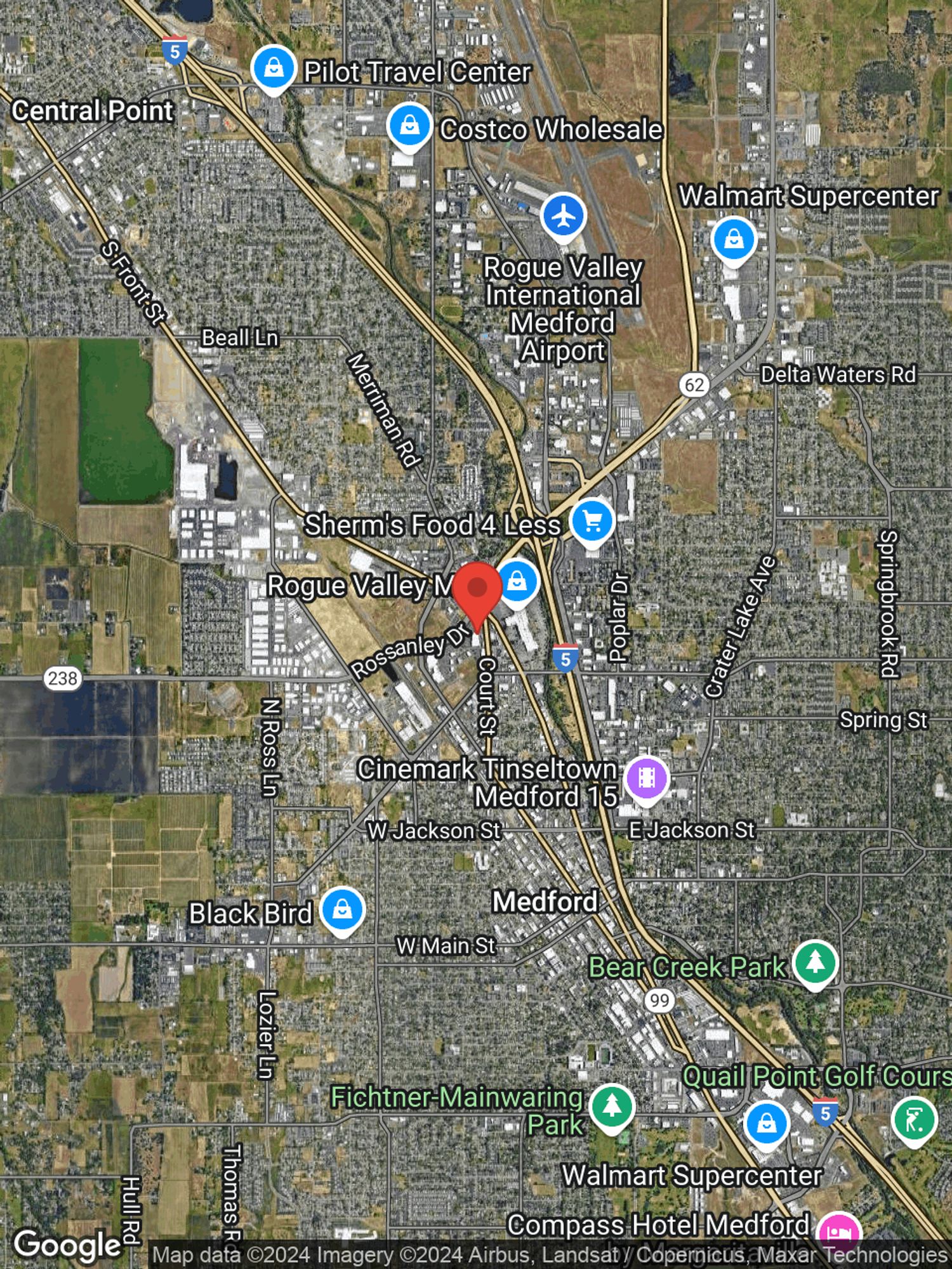 Google map image with center point at 55 ROSSANLEY DR, MEDFORD, OR.