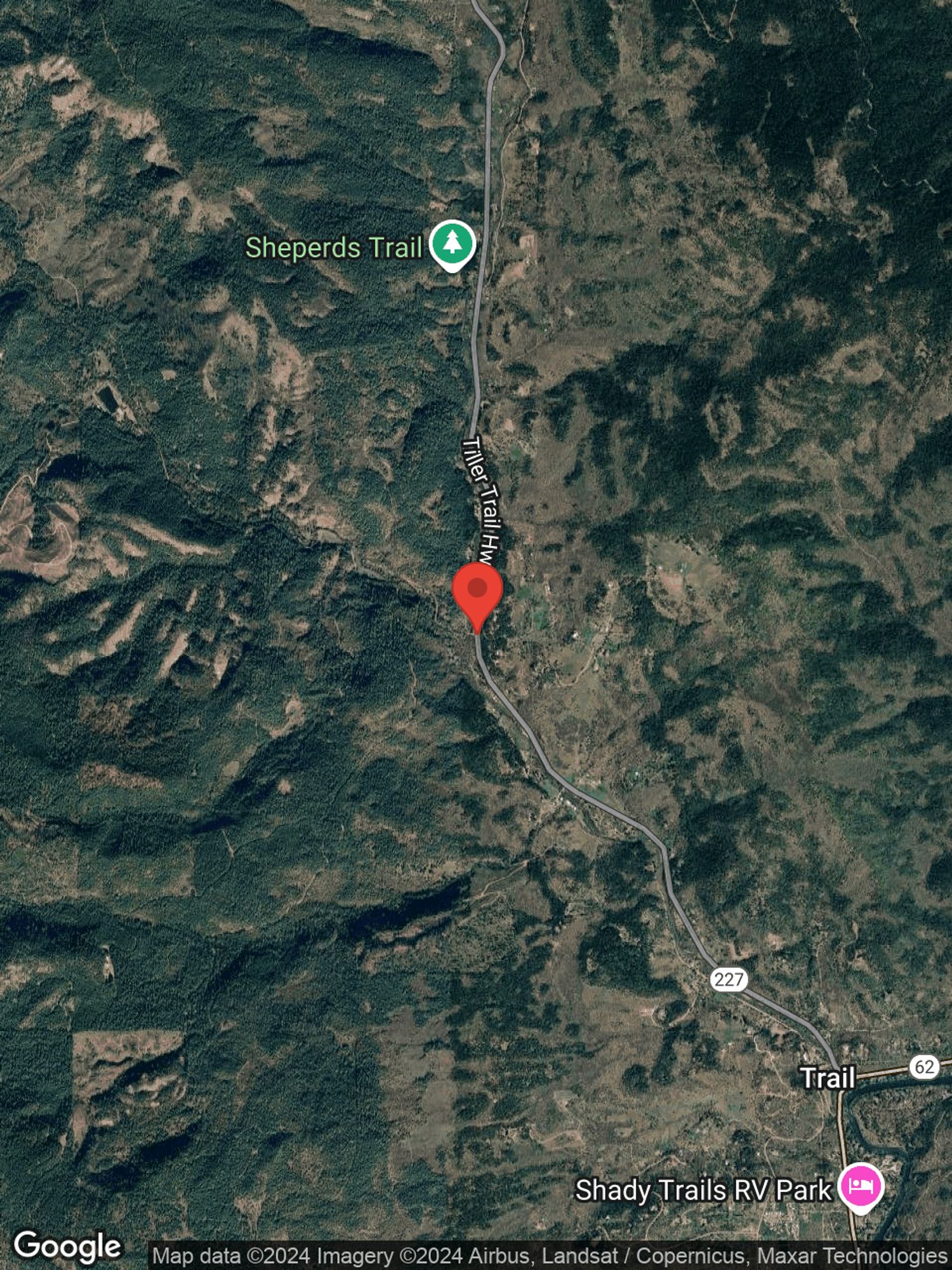 Google map image with center point at W FORK TRAIL CREEK RD, TRAIL, OR.