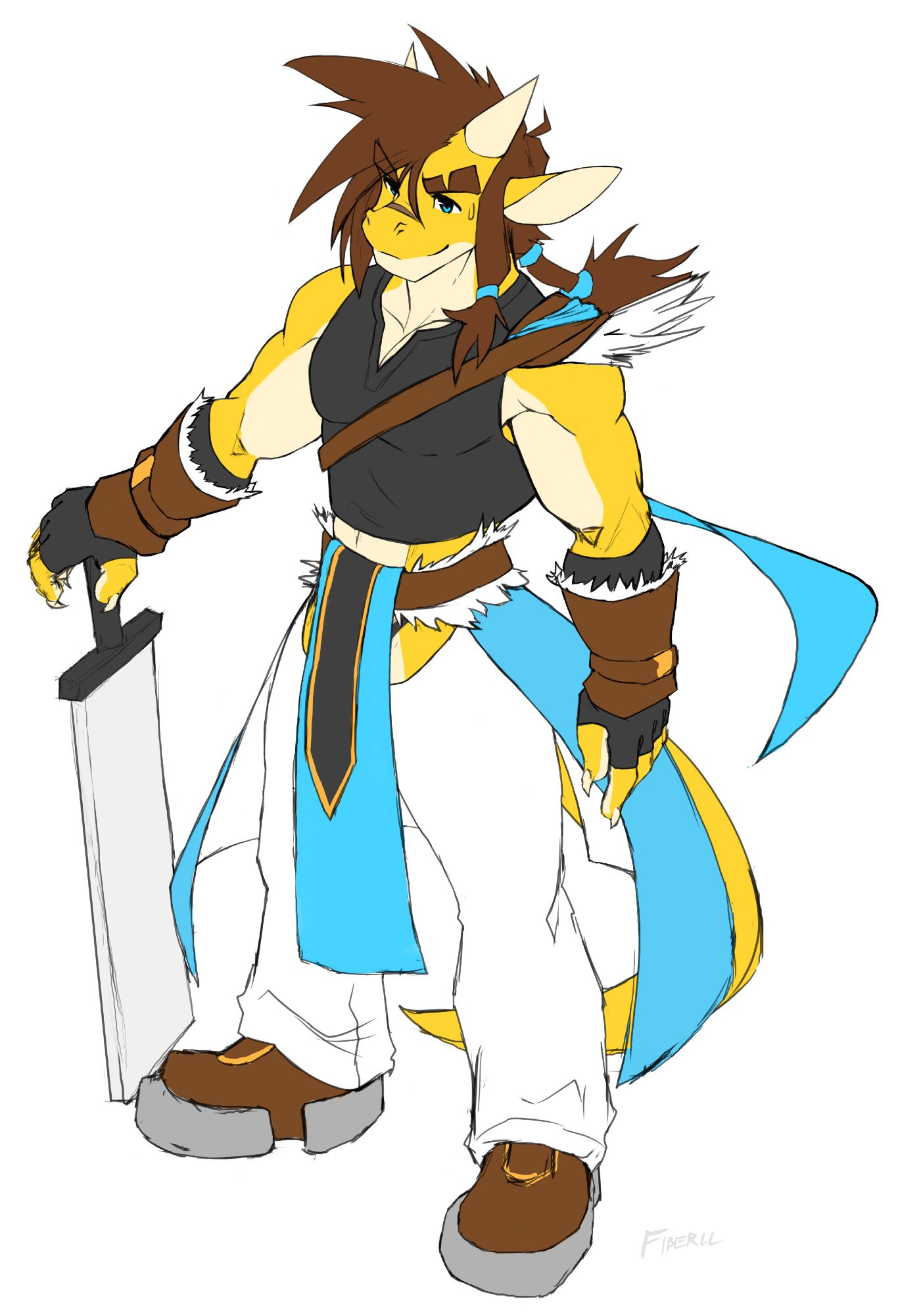 A yellow muscular kobold with spiky brown hair tied in a ponytail, wearing a sleeveless crop top and chaps and wielding a thick, rectangular "sword". He smiles confidently, despite a nervous bead of sweat