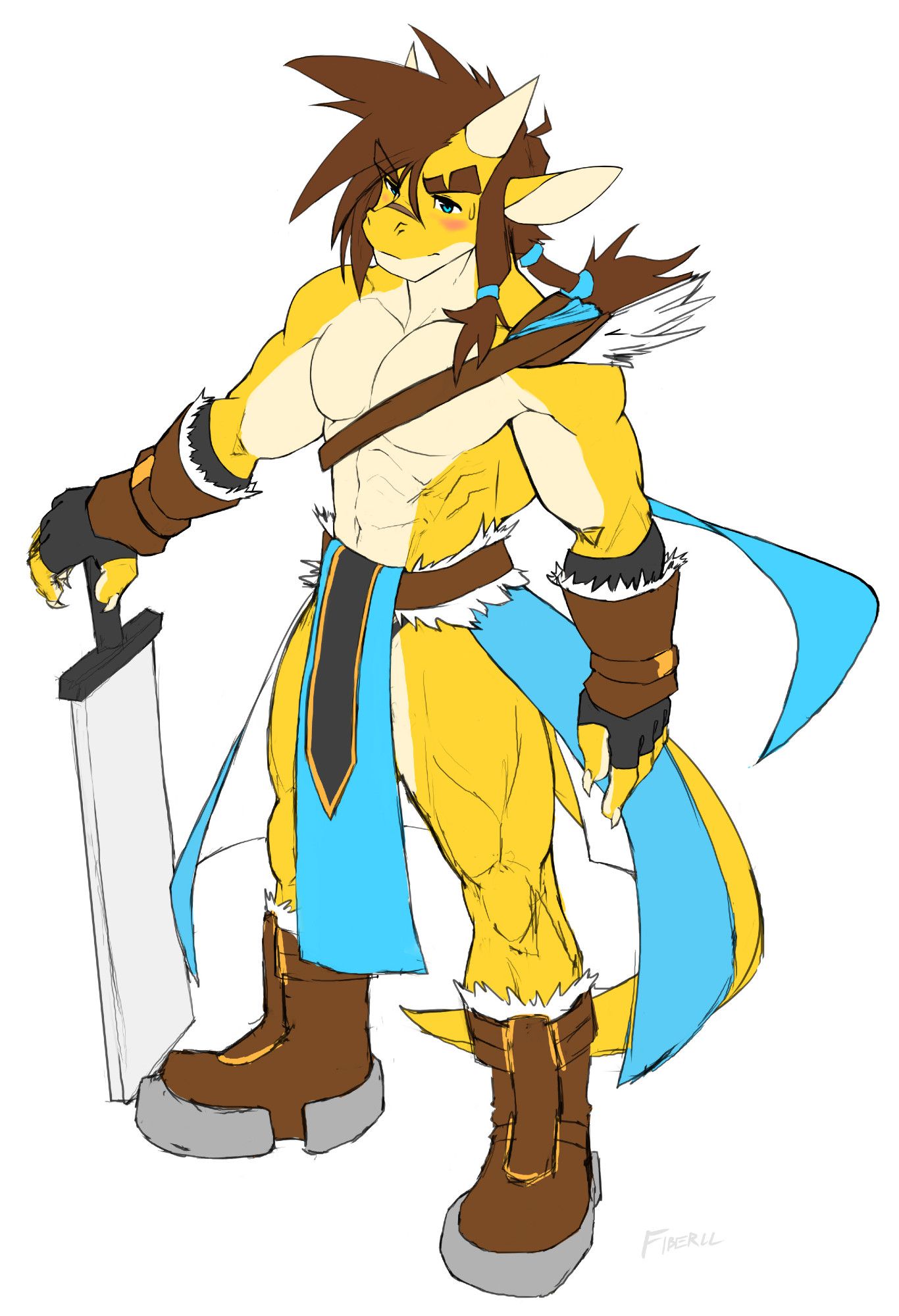 A yellow muscular kobold with spiky brown hair tied in a ponytail, wielding a thick, rectangular "sword". His shirt and pants are missing, and his skimpy black underwear is only covered by a blue loincloth. He looks evidently peeved and is blushing.