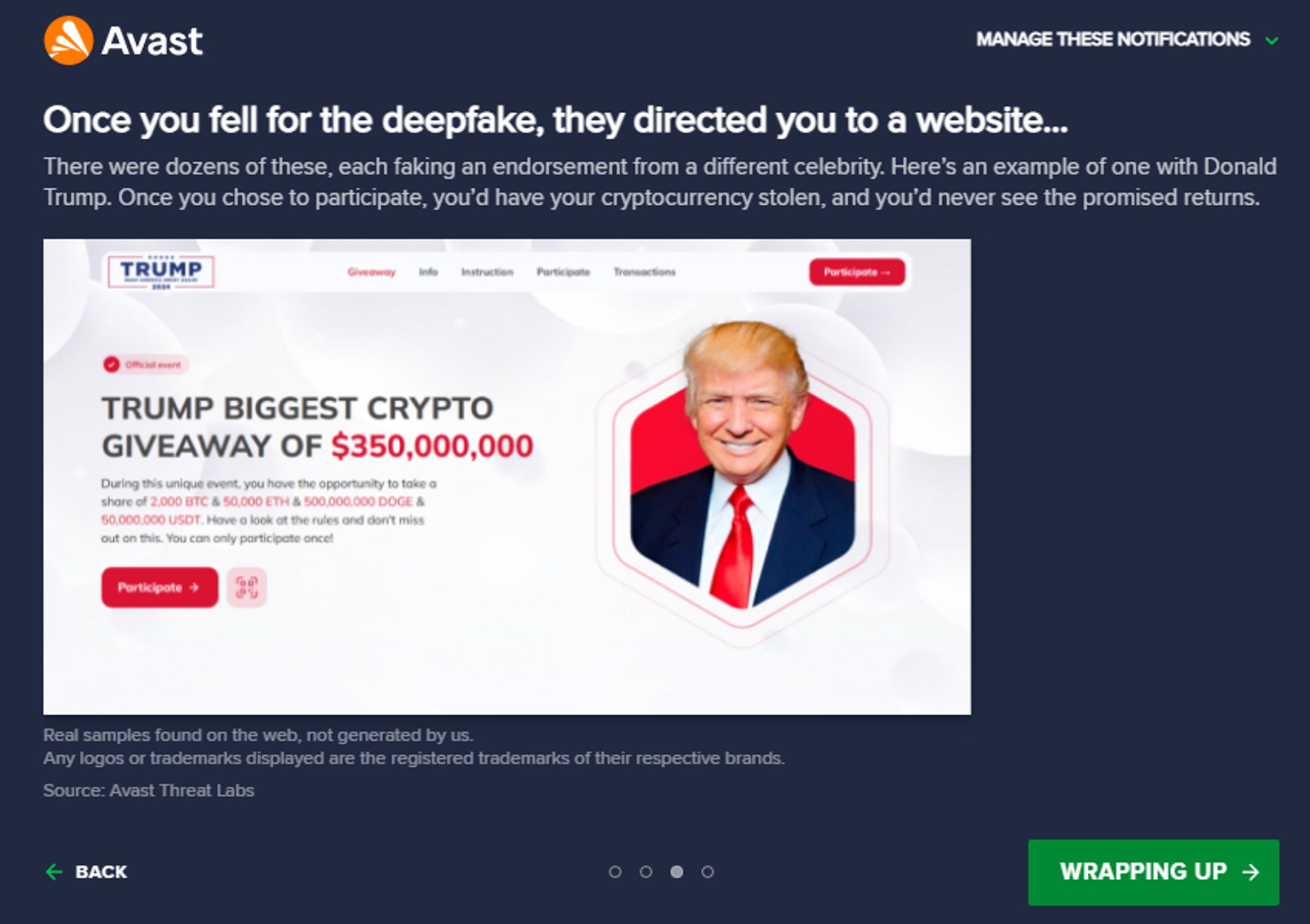 avast alert advising about crypto scam with a fake promotional website using a fake donald trump endorsement