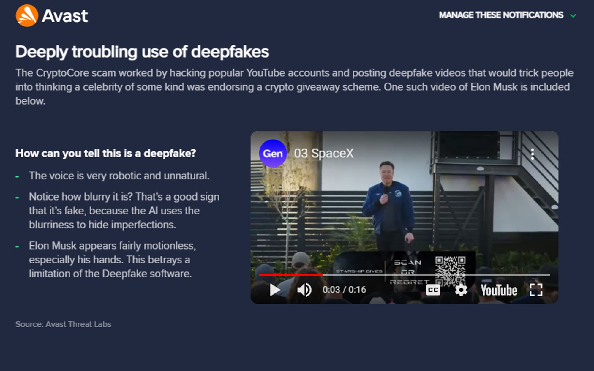 avast alert advising about crypto scam which shows a youtube video of an ai generate elon musk clip detailing how you can make money from this scam