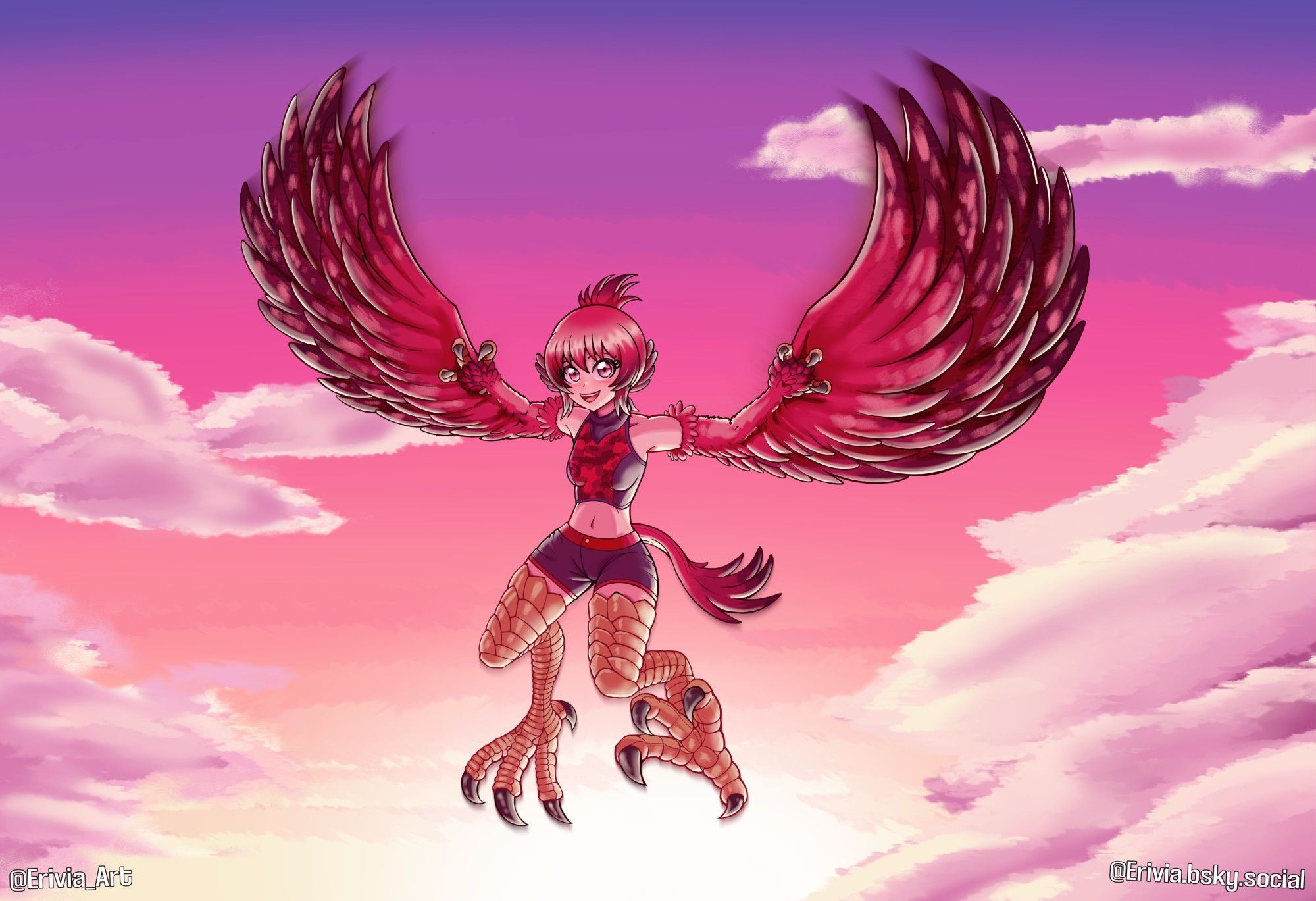 Vemyla the Harpy flying in the clouds against a pinkish sky.