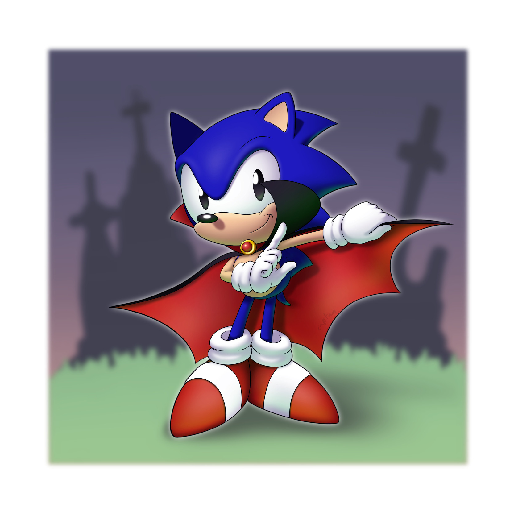 Fanart of classic sonic as a vampire behind a graveyard backdrop.