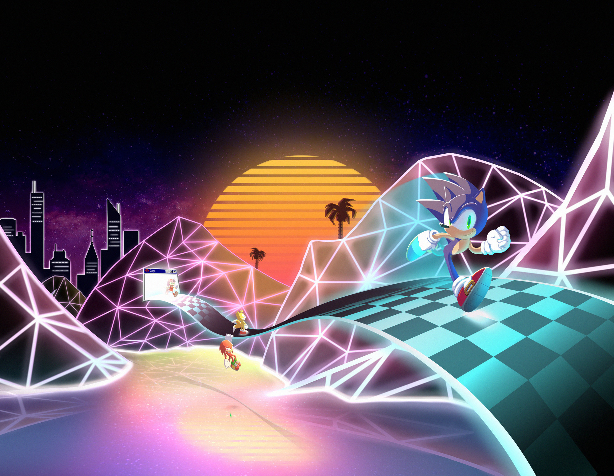 Illustration of Sonic and friends running through a synthwave styled zone.