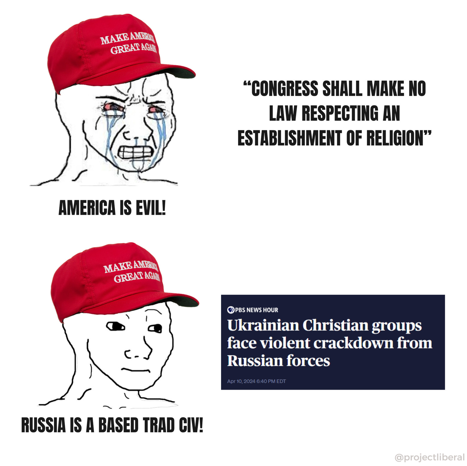   
This meme features a two-panel Wojak character wearing a "MAKE AMERICA GREAT AGAIN" hat. In the first panel, an upset Wojak declares "AMERICA IS EVIL!" alongside a quote regarding the separation of church and state. The second panel shows a calm Wojak reading a PBS News Hour headline about the violent crackdown on Ukrainian Christian groups by Russian forces, with a statement suggesting "RUSSIA IS A BASED TRAD CIV!" This format highlights themes of cognitive dissonance and hypocrisy in political narratives.  
