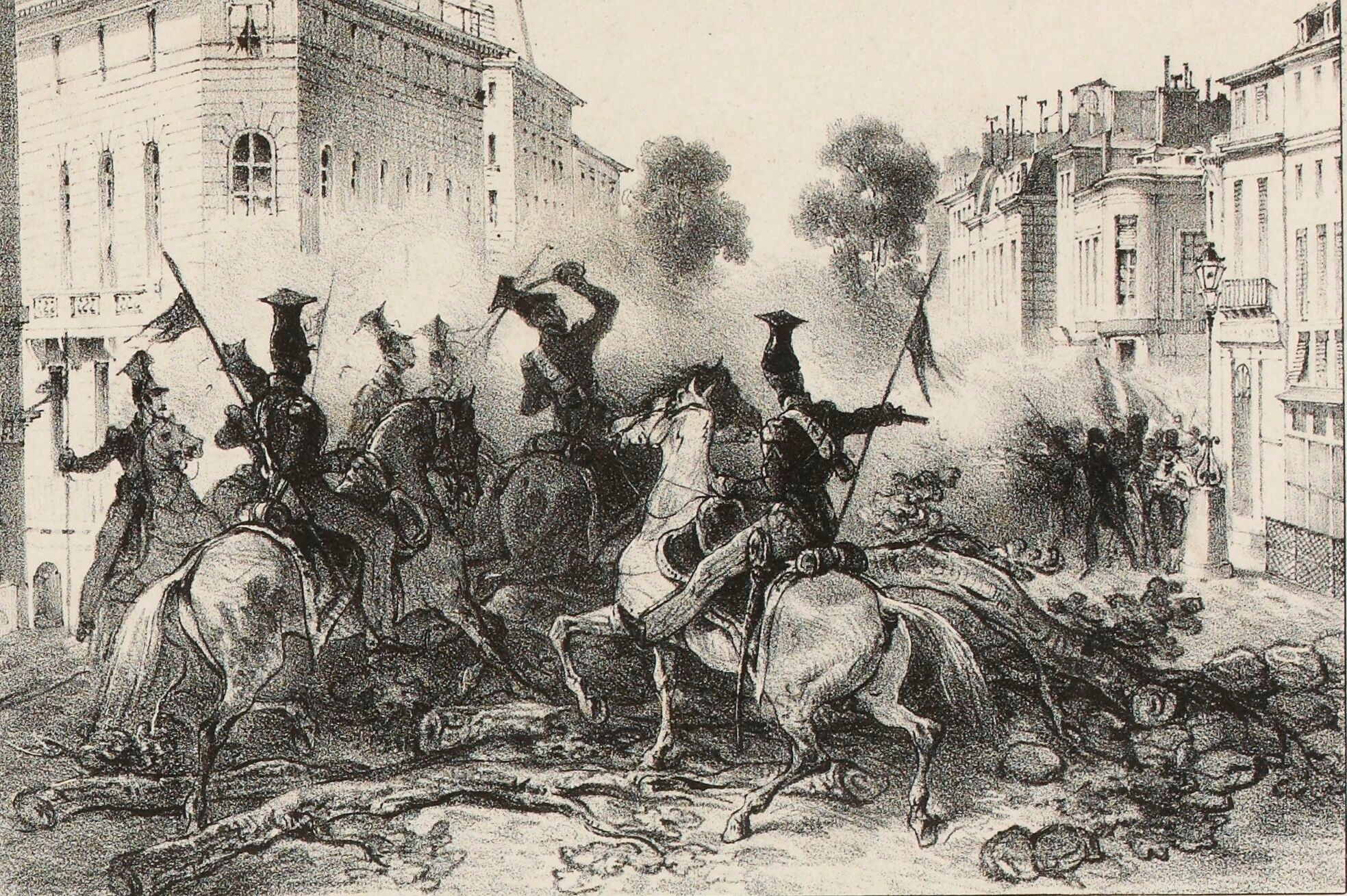 Octave Tassaert, "Combat between the people and lancers on the Boulevard des Italiens on Wednesday morning," circa 1830. Public domain via Wikimedia Commons.