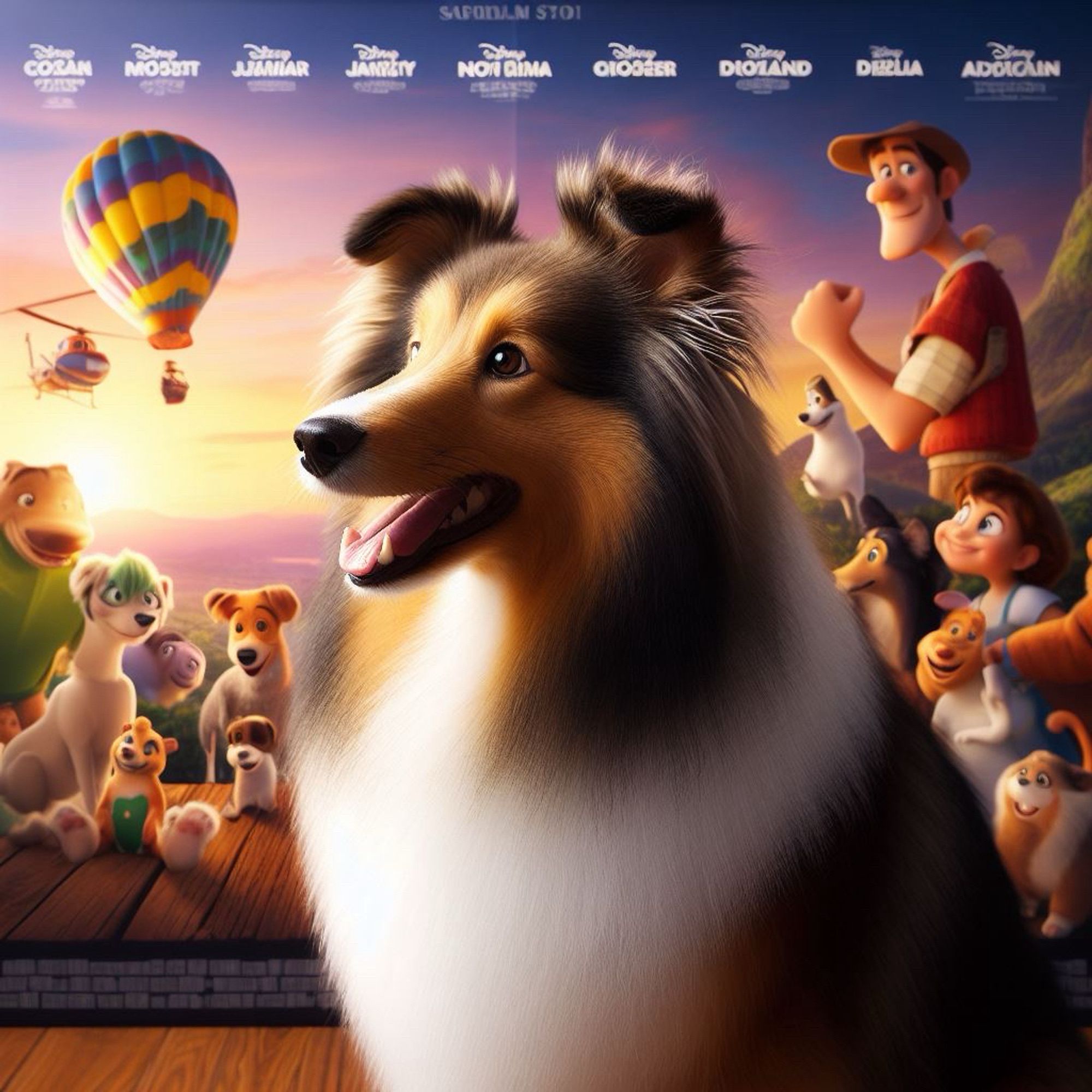 Filmplakat im Disney Pixar Look mit einem Shetland Shepdog im Vordergrund und diverse Hunde und Menschen im Hintergrund