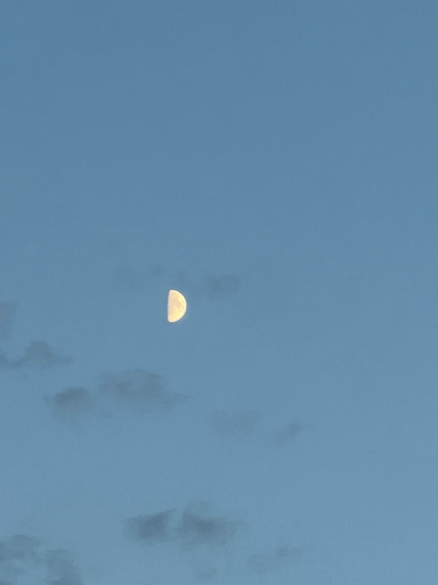 Bright white waxing crescent moon in blue twilight sky. A few great puffs of cloud.