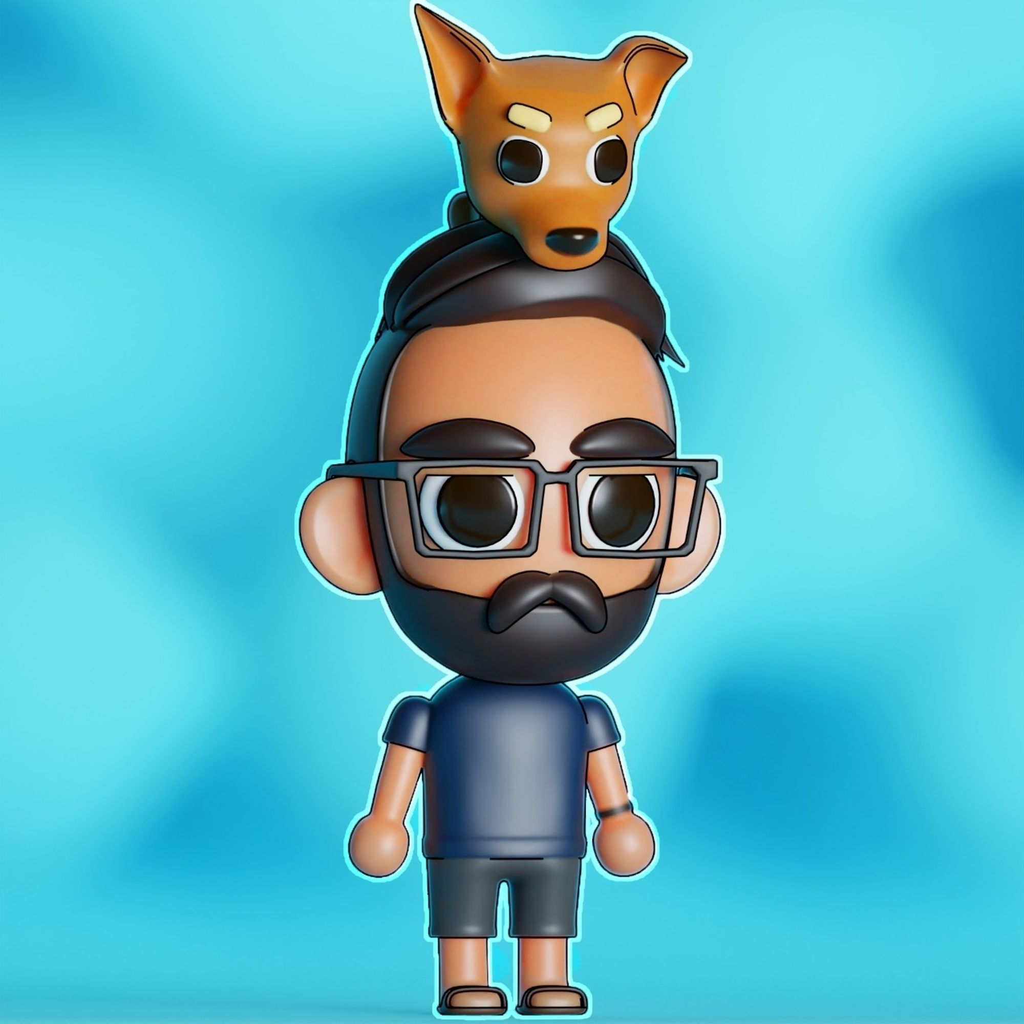 A stylized 3d model of myself with my dog on top of my head