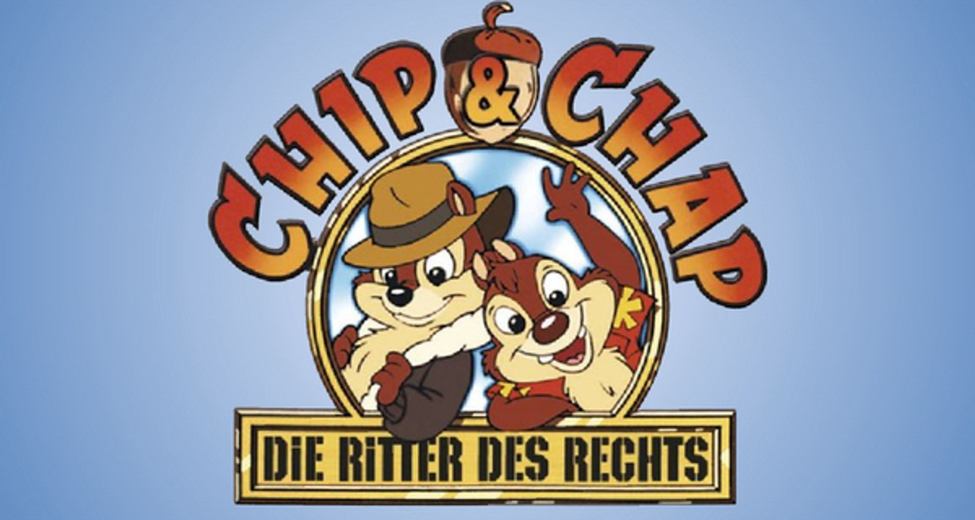 Das Bild zeigt das Logo der Zeichentrickserie "Chip & Chap – Die Ritter des Rechts". In der Mitte sind die beiden Hauptfiguren, Chip und Chap, abgebildet. Chip trägt einen Hut und hat einen ernsten Gesichtsausdruck, während Chap fröhlich mit einer Hand winkt. Der Hintergrund ist hellblau, und das Logo ist von einem runden Rahmen umgeben, der den Titel der Serie in großen, bunten Buchstaben zeigt. Es vermittelt ein Gefühl von Abenteuer und Freundschaft.