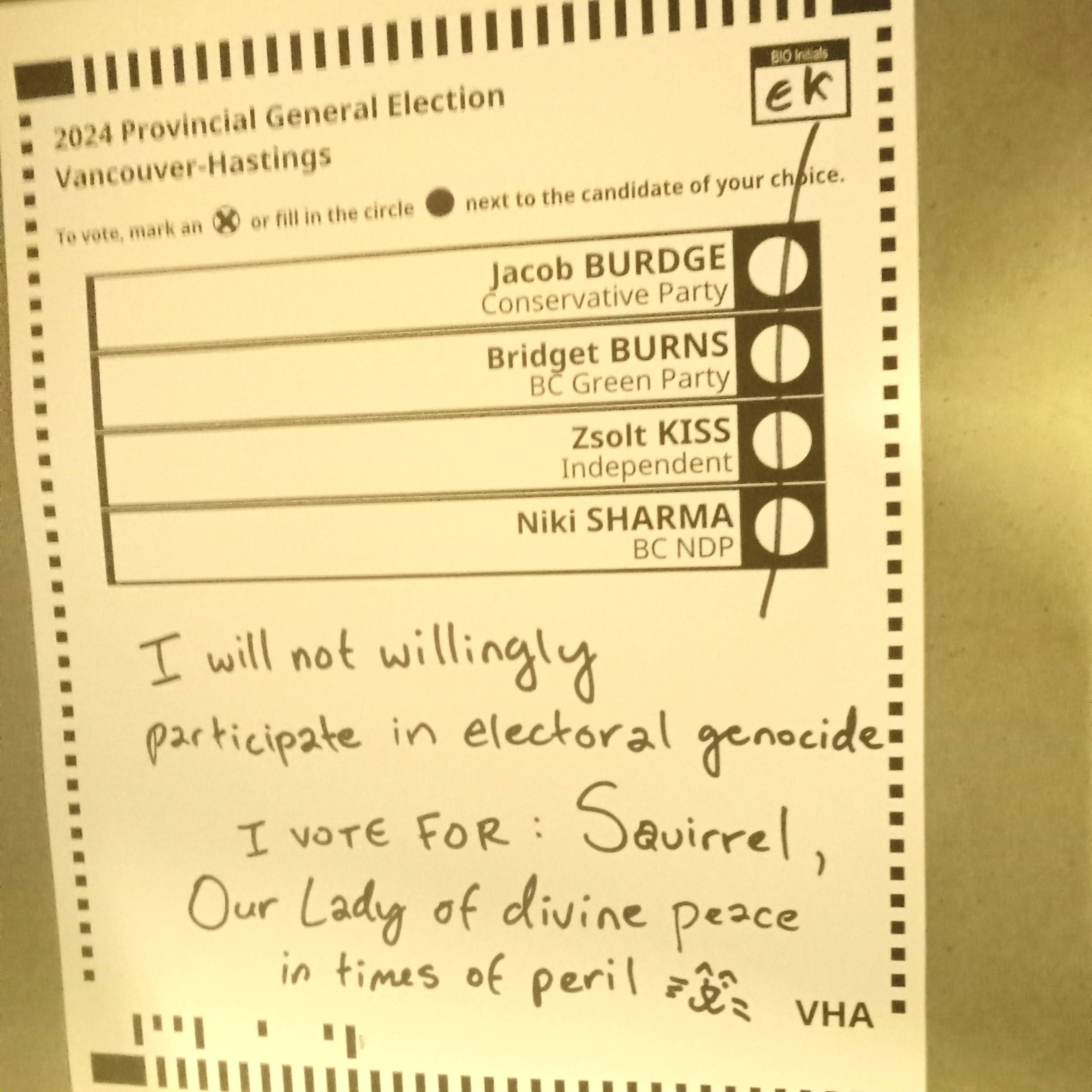 BC 2024 Election ballot spoiled with a line through all candidate boxes.

Handwritten text beneath says "I will not willingly participate in electoral genocide. I VOTE FOR: Squirrel, Our Lady of divine peace in times of peril 😺"