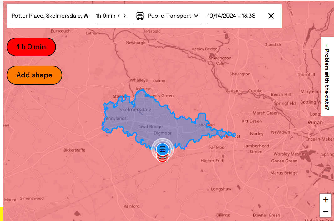 Blue isochrone from the same industrial estate. Covers some (not all) of Skem, and half way on a road to Wigan. 