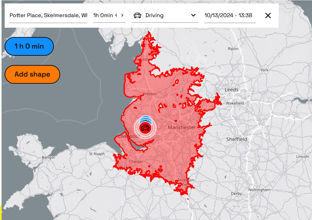 Isochrone for an hour driving from that industrial estate. Reaches beyond Lancaster, Manchester, the Wirral