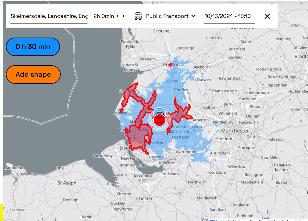 Area reachable by public transport from Skem in 2 hours (red). Includes Southport, Liverpool, Preston centre, but only the urban parts, hard to get to rural areas. 