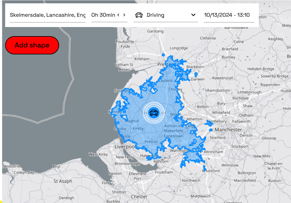 Area reachable in 30min by car from Skelmersdale. (blue). Preston, Southport, parts of Liverpool, edge of Manchester. 