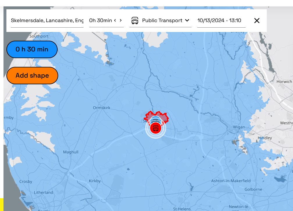 Area reachable by public transport from Skem in 30min, right now (Sunday lunchtime). (red) Can't even leave the town. 