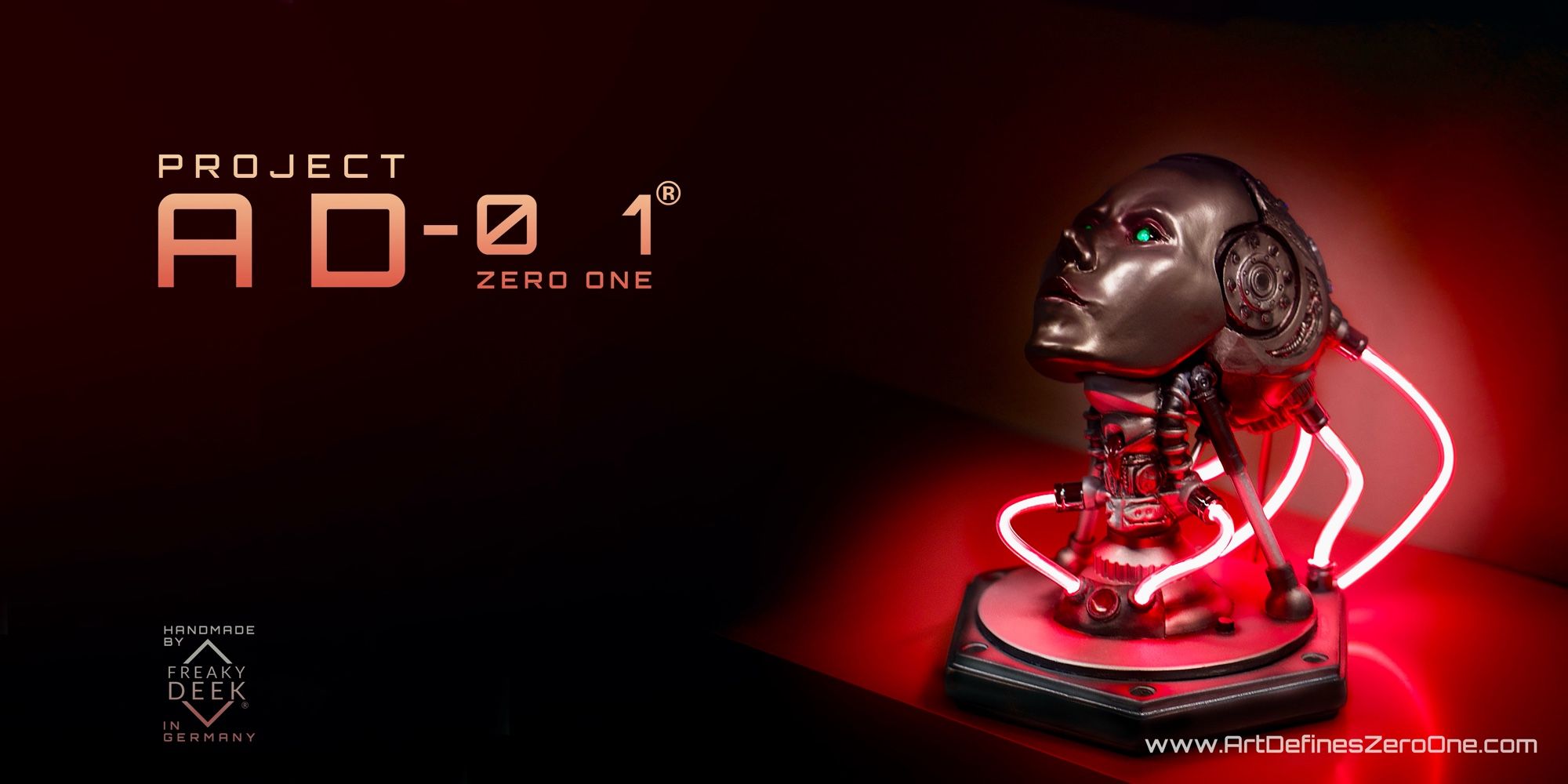 Project AD-01 handmade android art sculpture Joule with red LED light energy tubes on a desk