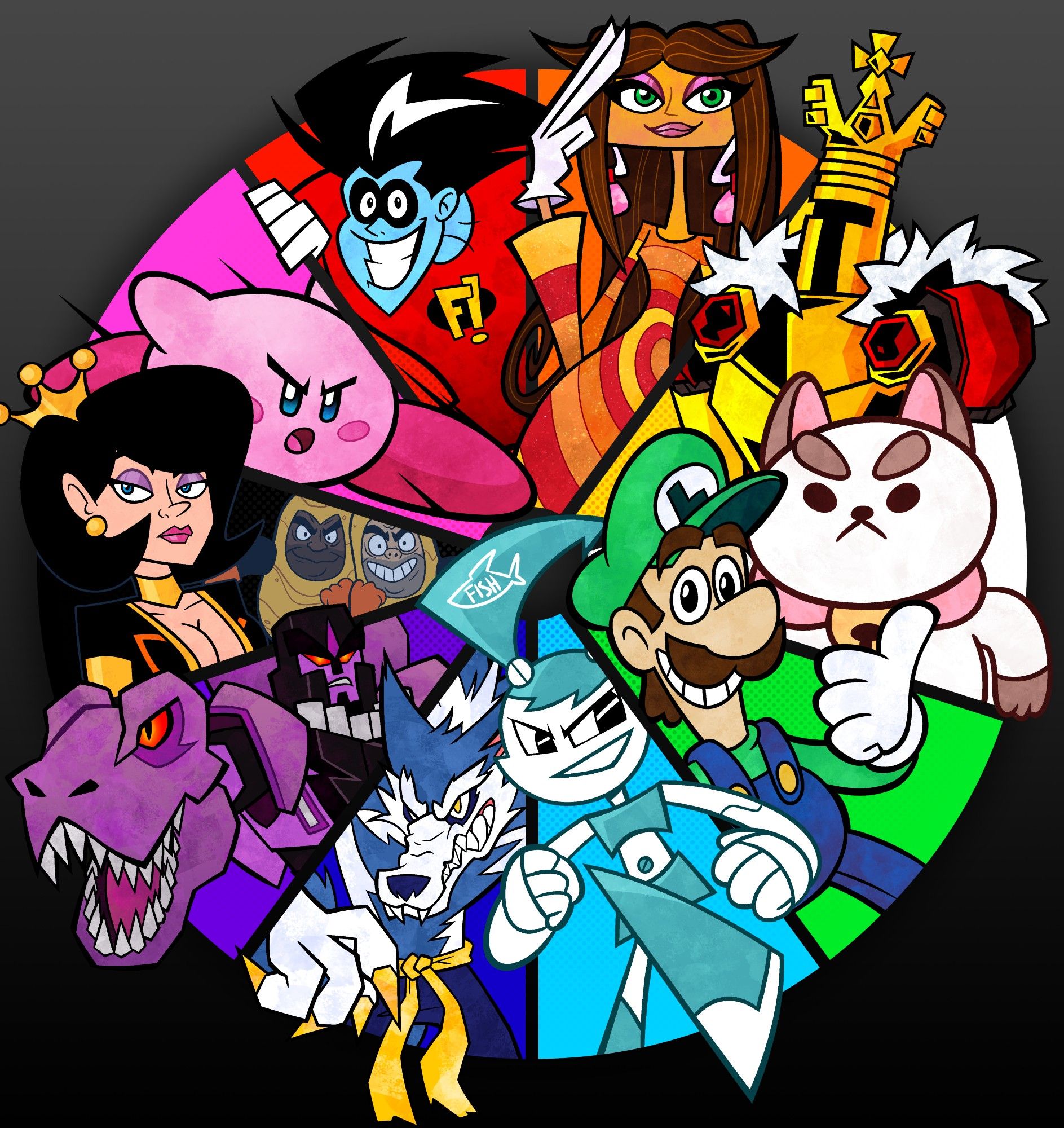 Fanart of various characters, drawn for a color wheel art challenge. Clockwise, from Pink - Black: Kirby, Freakazoid!, Milla Vodello, King Knight, PuppyCat, Luigi, Jenny Wakeman, Jon Talbain, Megatron, Dr. Mrs. The Monarch.