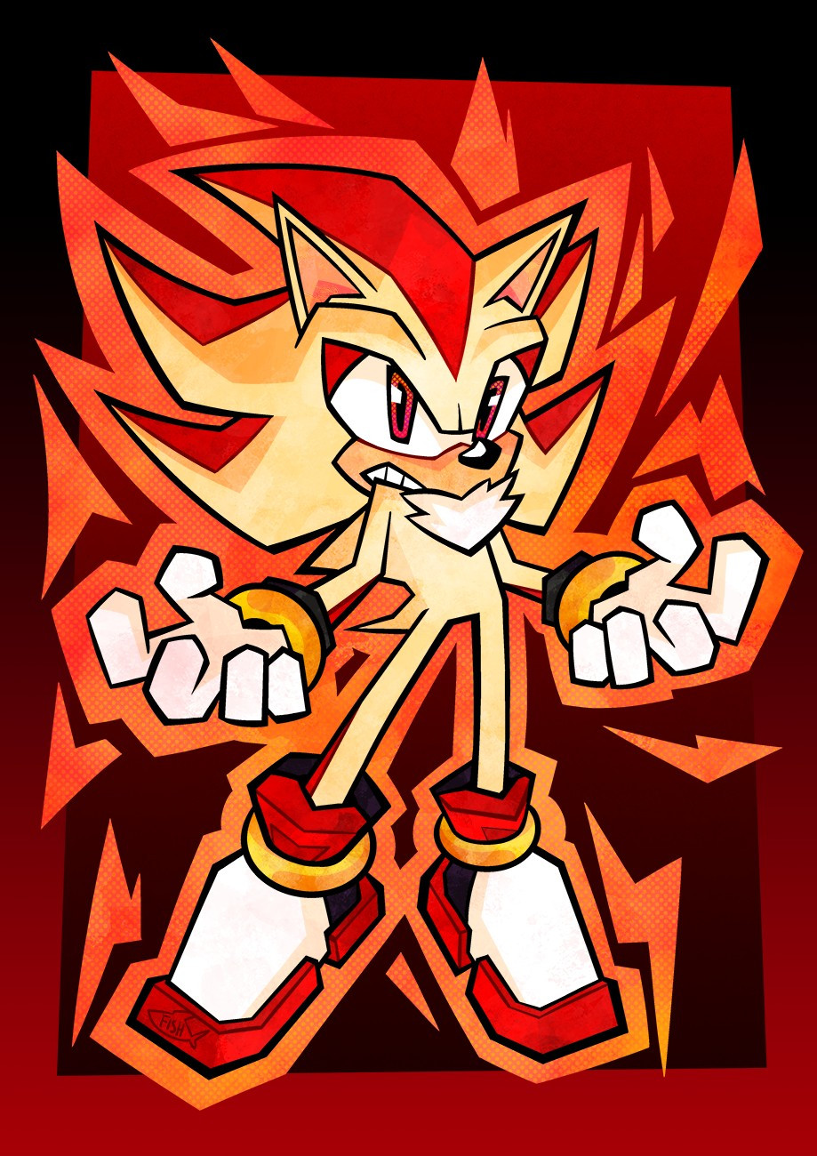 Fanart of Super Shadow. He floats in the air with orange energy crackling around him. This is a redraw of his render from Sonic Forces Speed Battle.