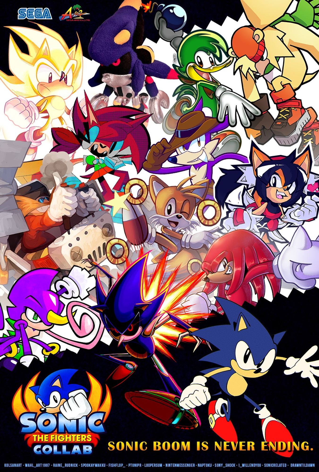 A fan-created poster for Sonic the Fighters, with 13 characters all drawn by different artists in different styles. Text at the bottom reads "Sonic Boom is never ending."