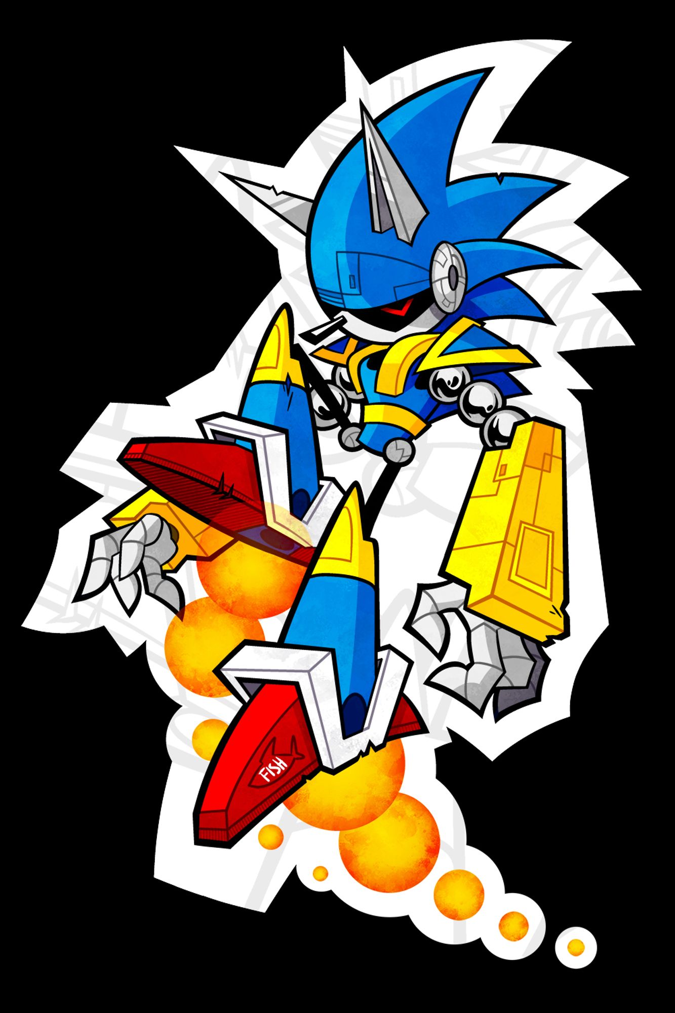 Illustration of Mecha Madness Sonic, flying in the air with fireball-like trails coming from the boosters in his feet.