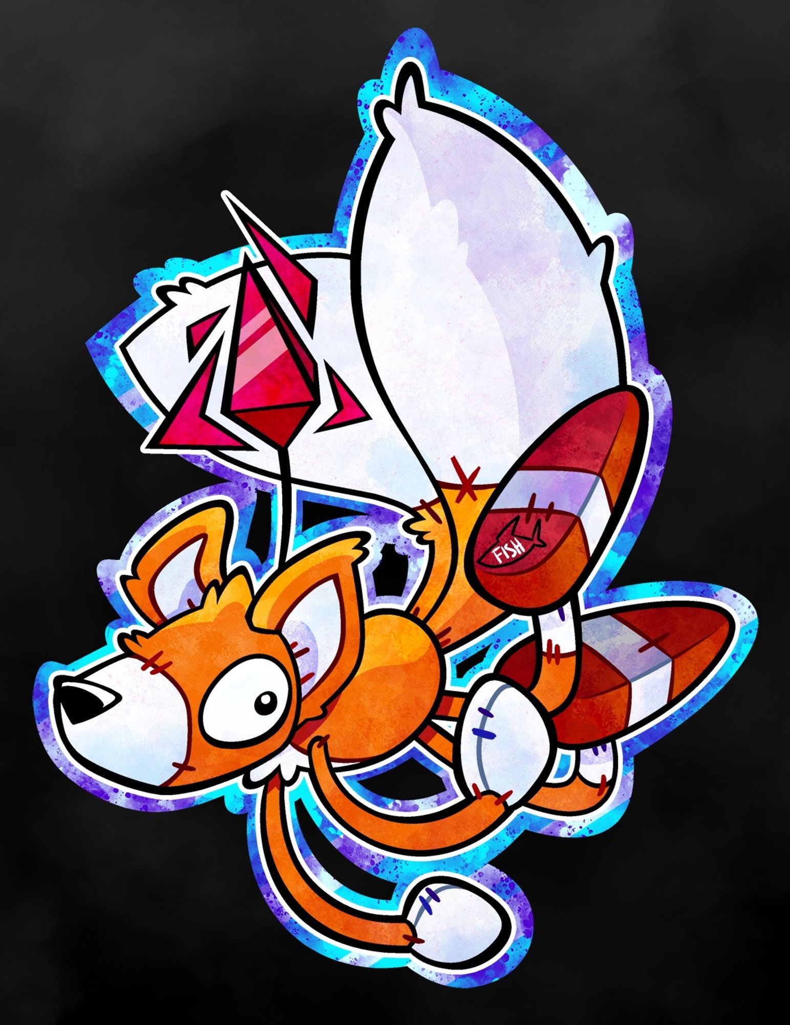 Illustration of Tails Doll, floating in the air with its limbs flopping around and bright light shining off of the gem attached to its head.