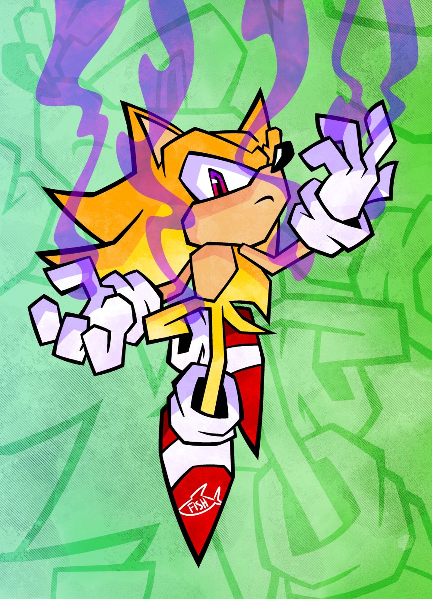 Super Sonic, floating in the air with purple smoke rising from his hands. 