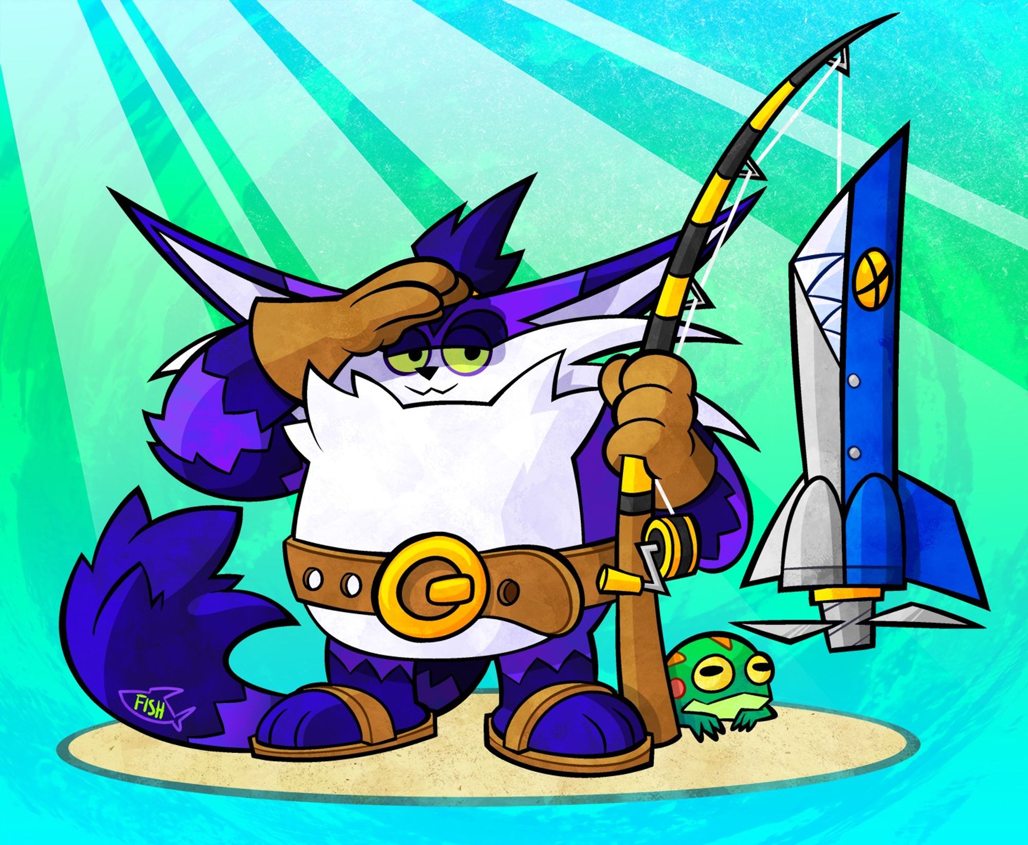 Illustration of Big the Cat, standing with a Jawz badnik hanging from his fishing rod. Big shields his eyes from the sun and Froggy sits on the ground next to him.