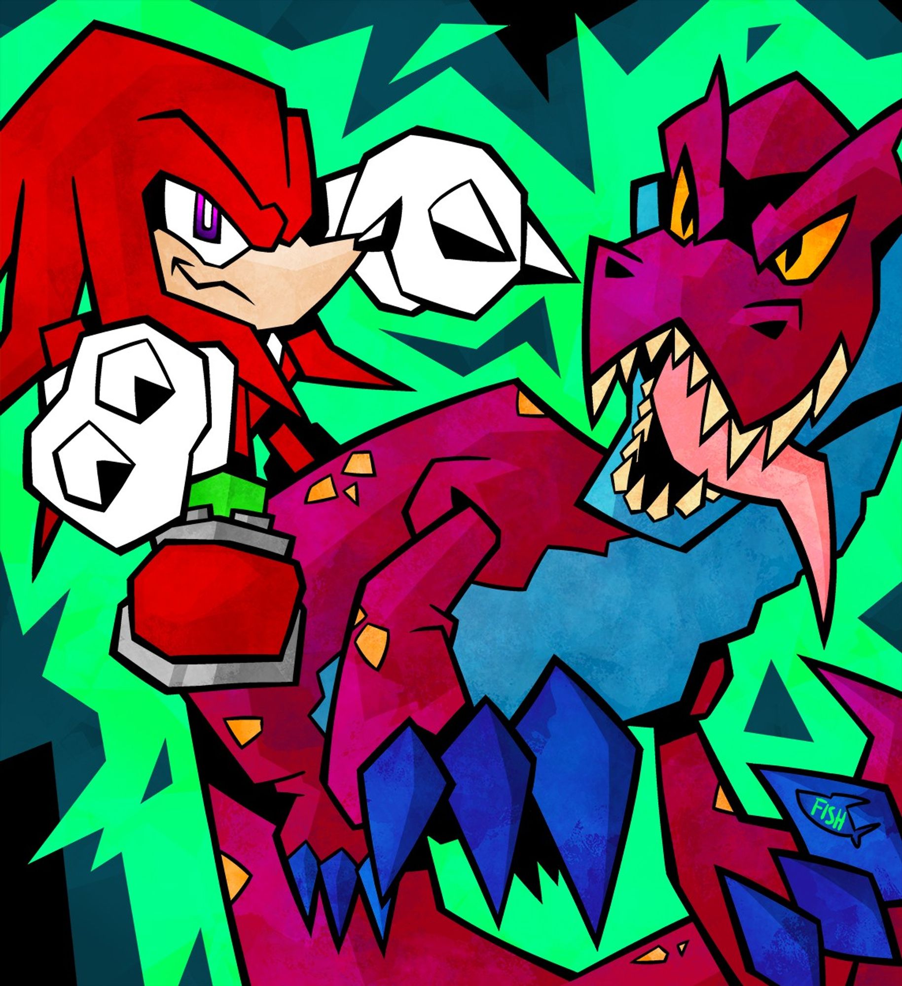 Illustration of Knuckles the Echidna with his pet dinosaur Chomps (from that one episode of Sonic Underground).