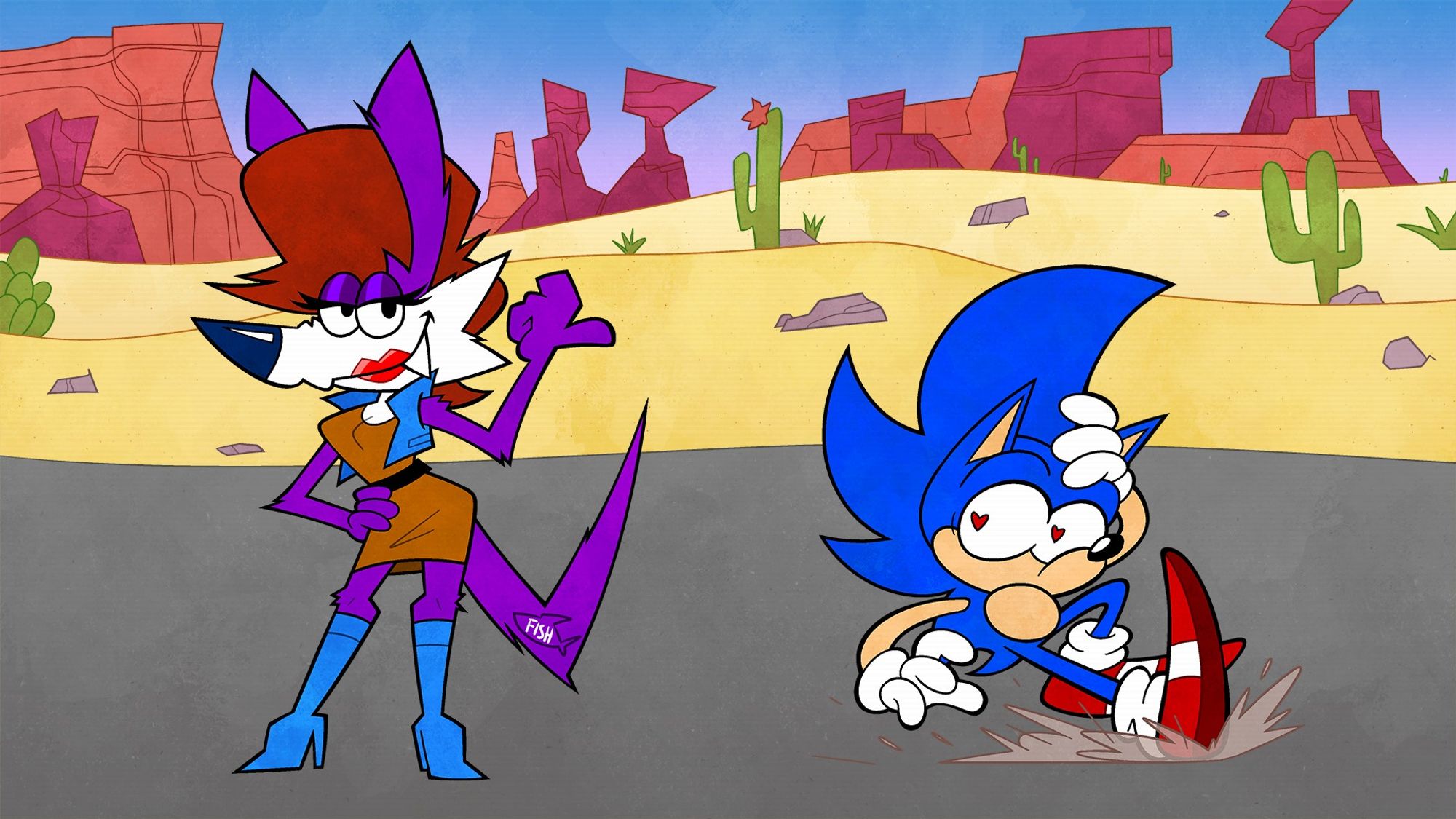 Fang the Hunter and Sonic the Hedgehog, drawn as if they were in a Wile E. Coyote & Roadrunner cartoon. Sonic skids to a stop with hearts in his eyes as he notices Fang dressed up as Sally Acorn. Fang's thumb is out, acting like he is hitchhiking in order to trick Sonic.